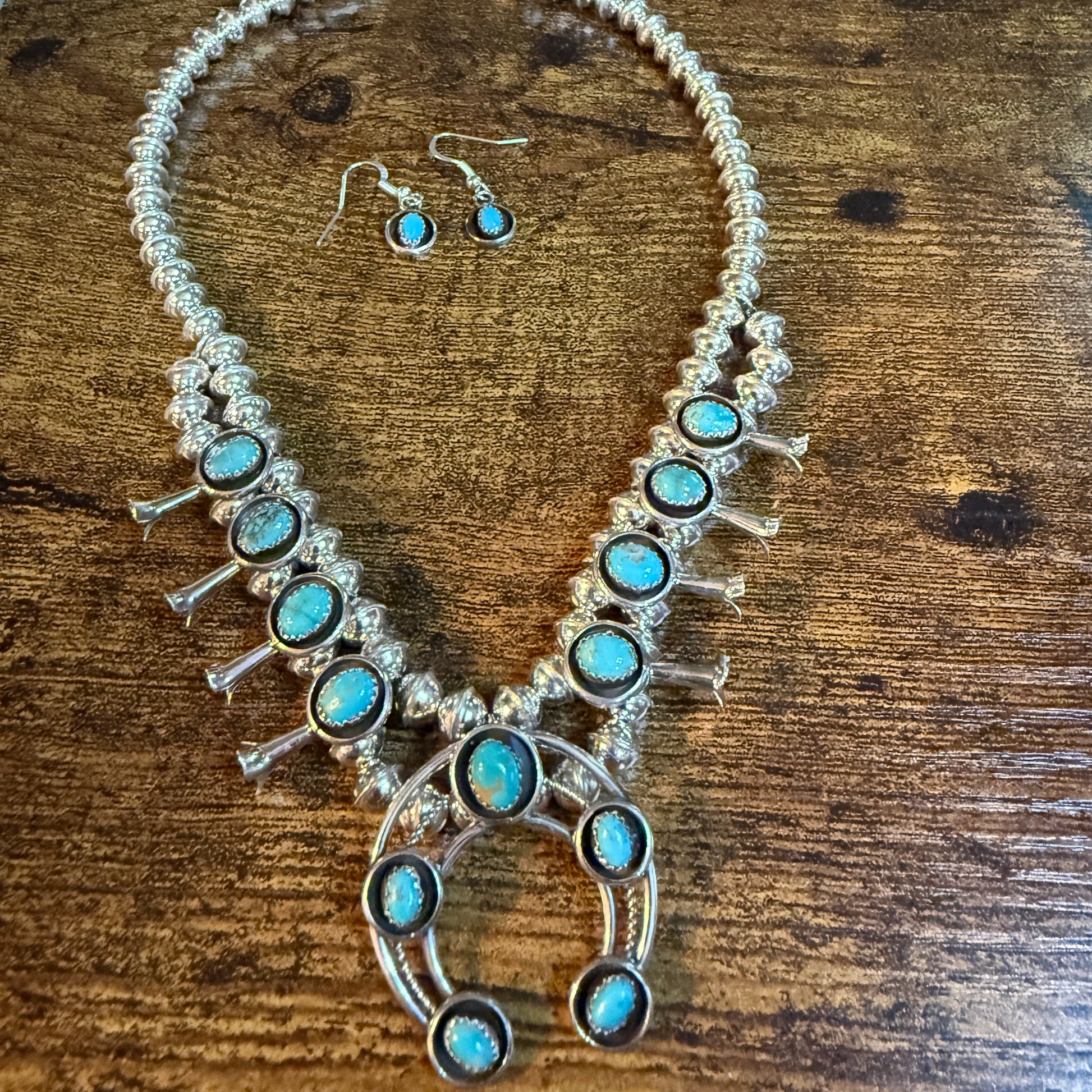 Linore Garcia Signed Navajo Handmade Turquoise Squash Blossom Necklace in Sterling Silver Wild West Boho