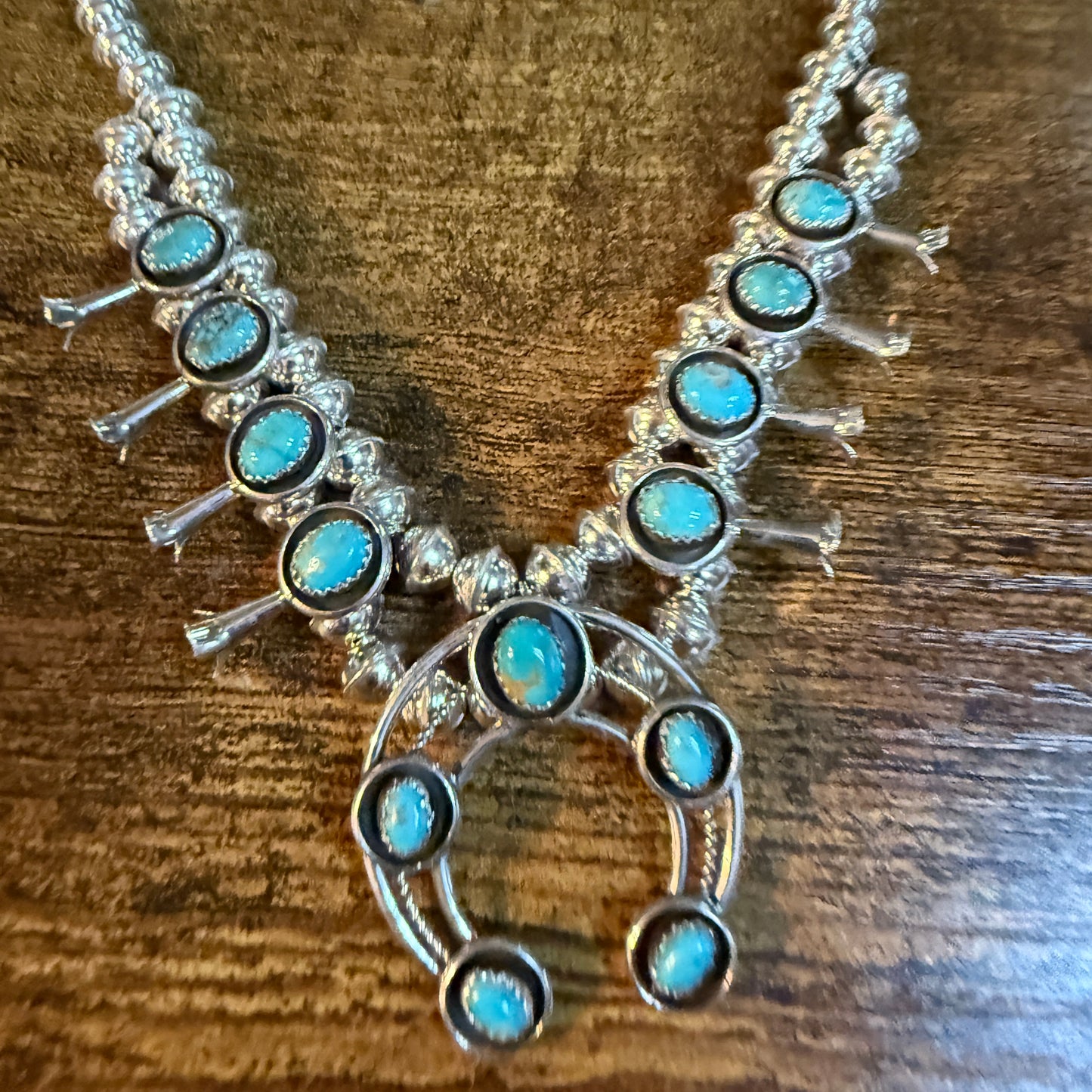 Linore Garcia Signed Navajo Handmade Turquoise Squash Blossom Necklace in Sterling Silver Wild West Boho