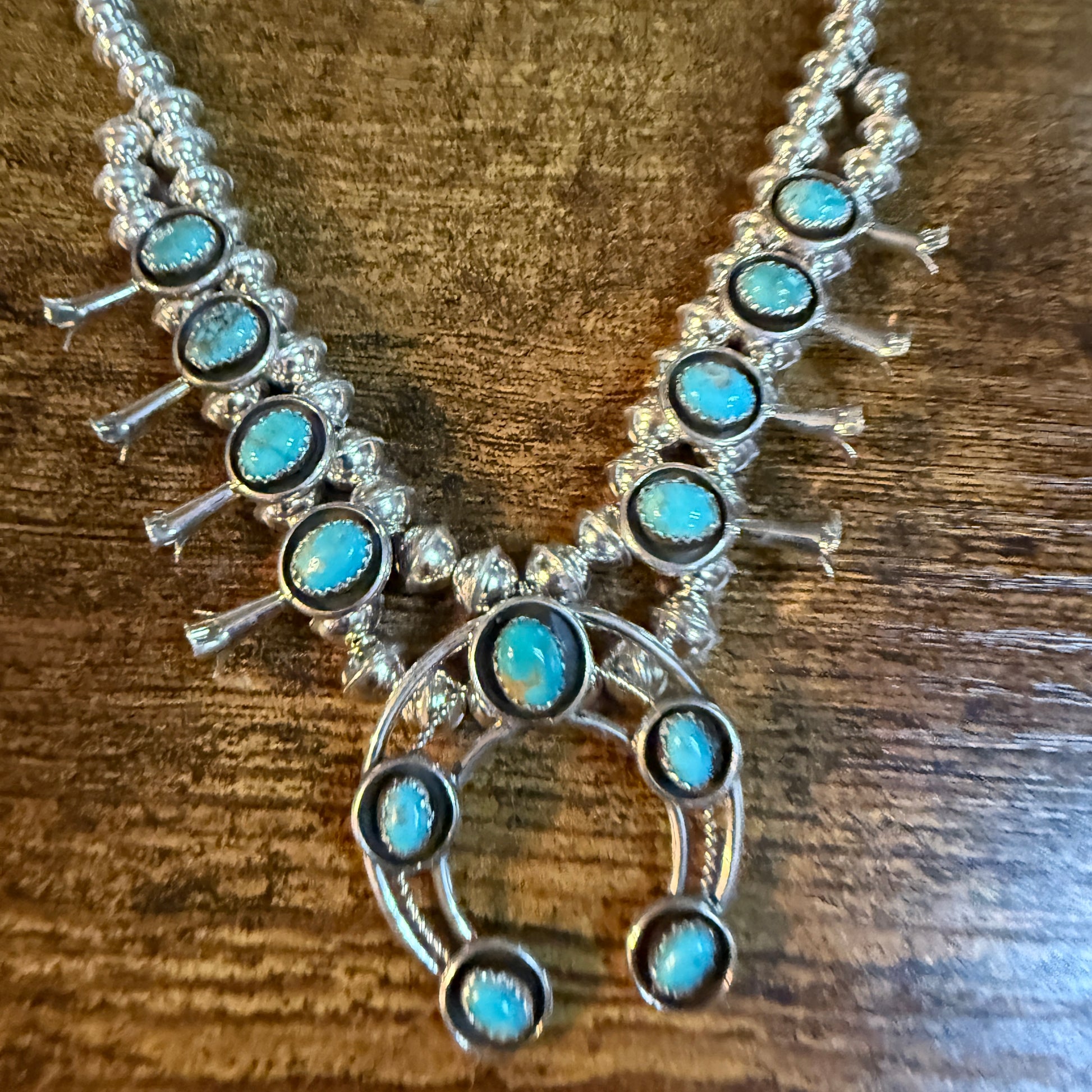 Linore Garcia Signed Navajo Handmade Turquoise Squash Blossom Necklace in Sterling Silver Wild West Boho