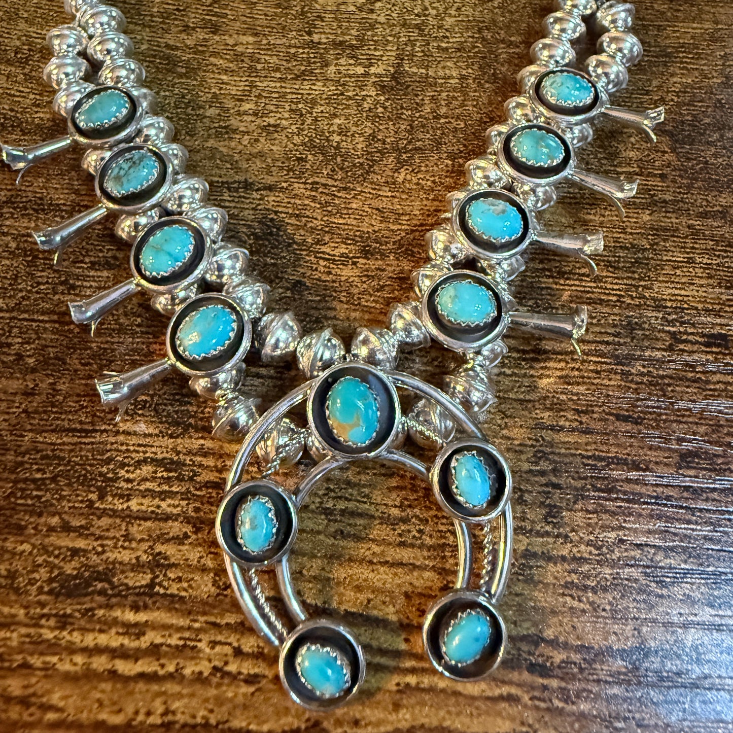 Linore Garcia Signed Navajo Handmade Turquoise Squash Blossom Necklace in Sterling Silver Wild West Boho