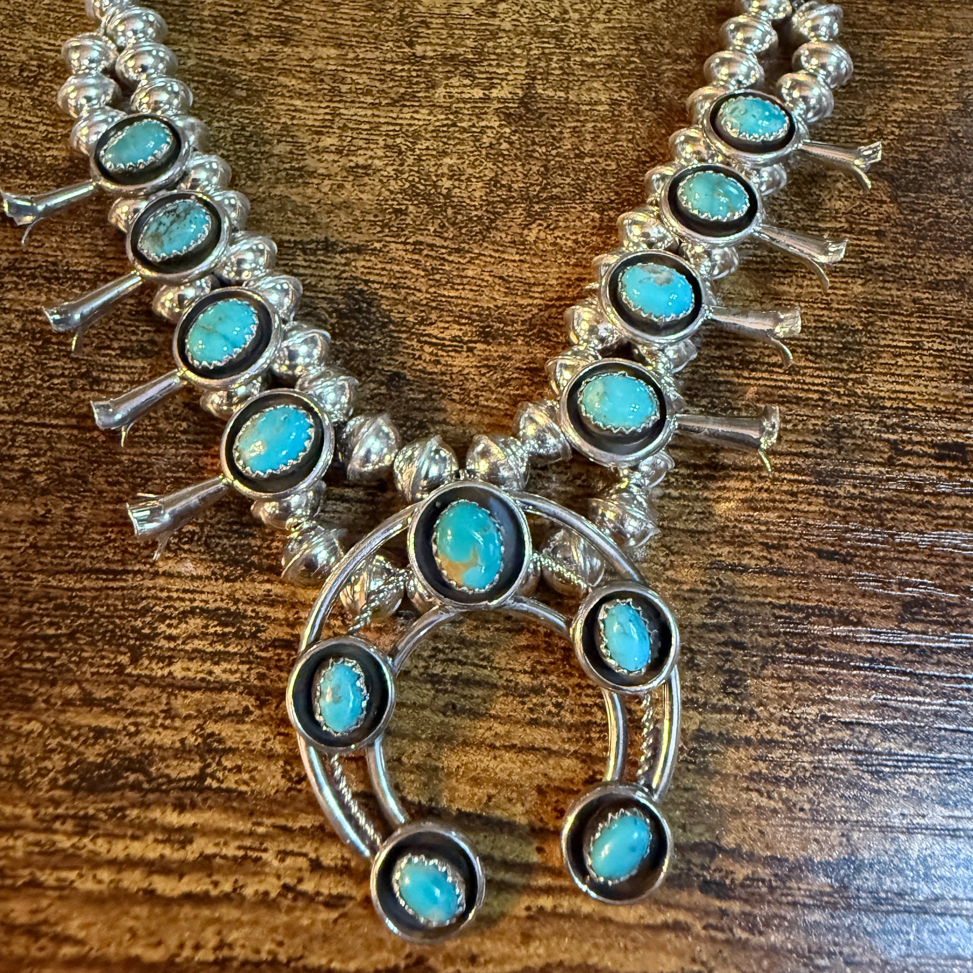 Linore Garcia Signed Navajo Handmade Turquoise Squash Blossom Necklace in Sterling Silver Wild West Boho