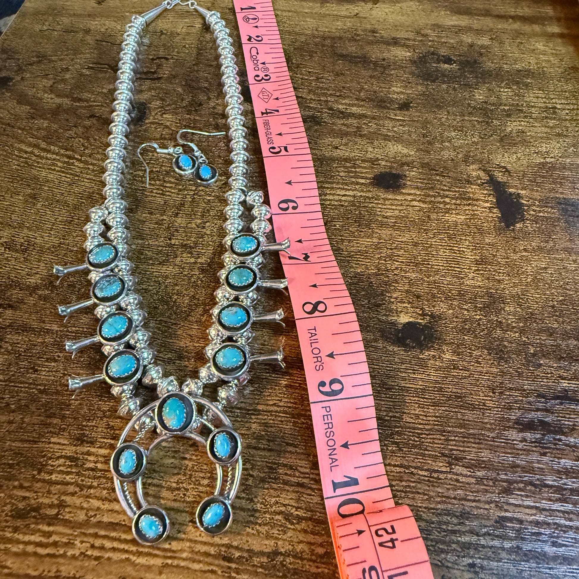 Linore Garcia Signed Navajo Handmade Turquoise Squash Blossom Necklace in Sterling Silver Wild West Boho
