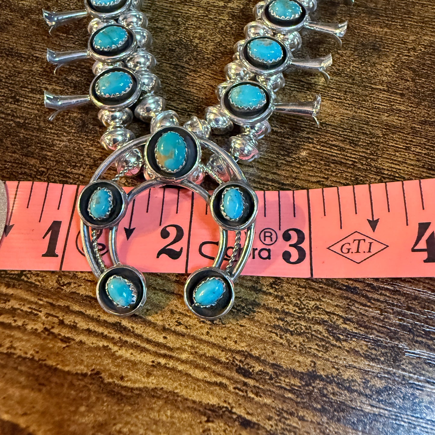 Linore Garcia Signed Navajo Handmade Turquoise Squash Blossom Necklace in Sterling Silver Wild West Boho