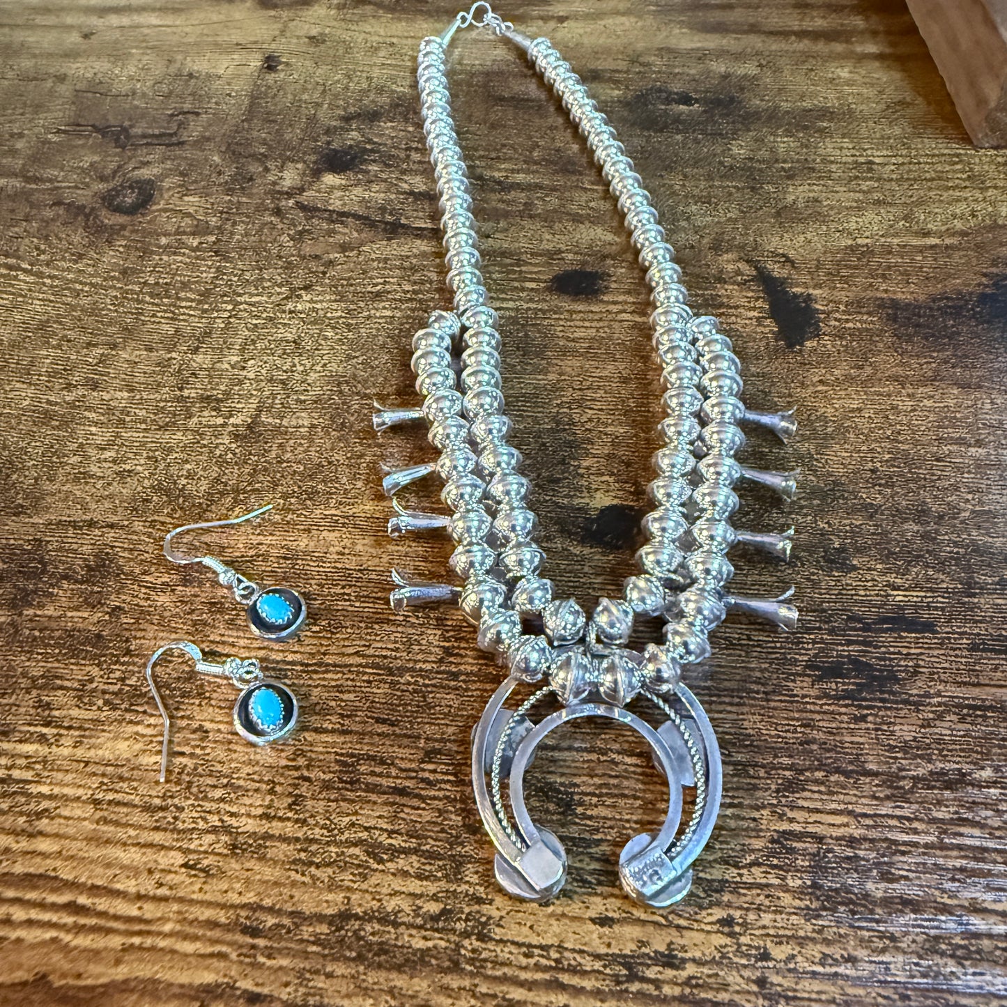 Linore Garcia Signed Navajo Handmade Turquoise Squash Blossom Necklace in Sterling Silver Wild West Boho