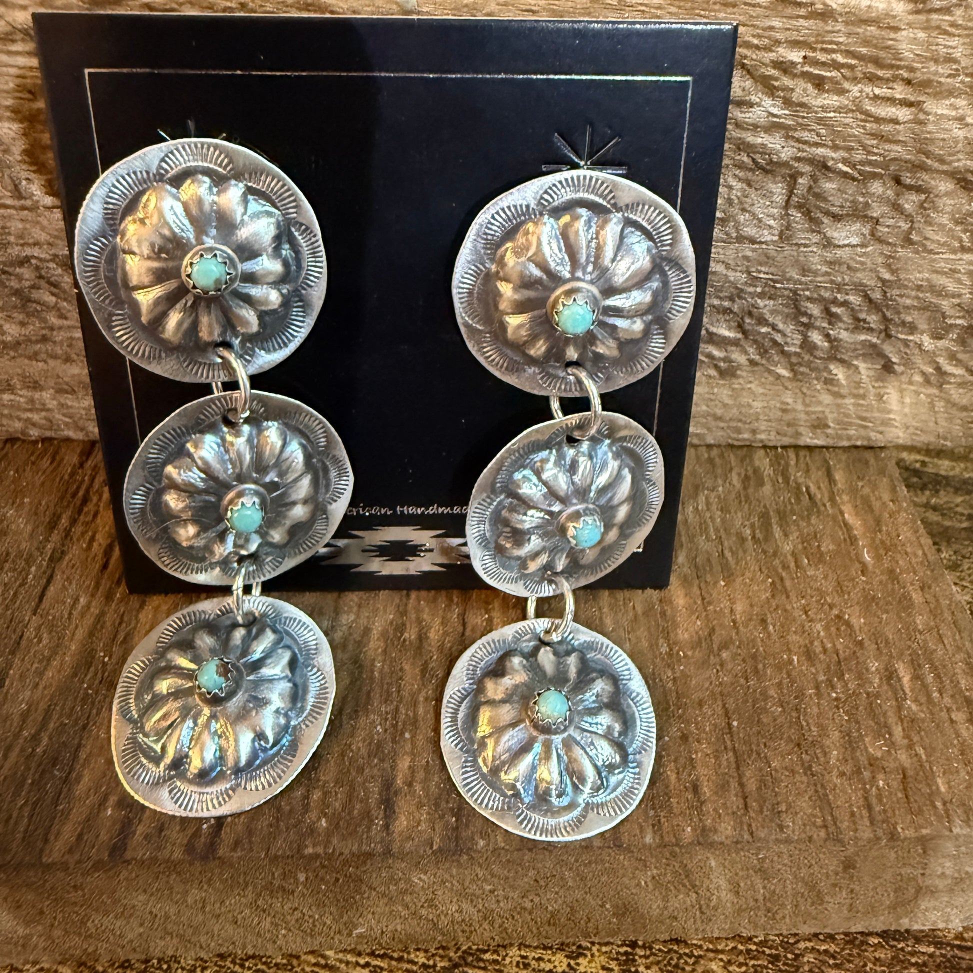 Joan Began Navajo Handmade Kingman Turquoise Conch Drop Earrings in Sterling Silver Wild West Boho