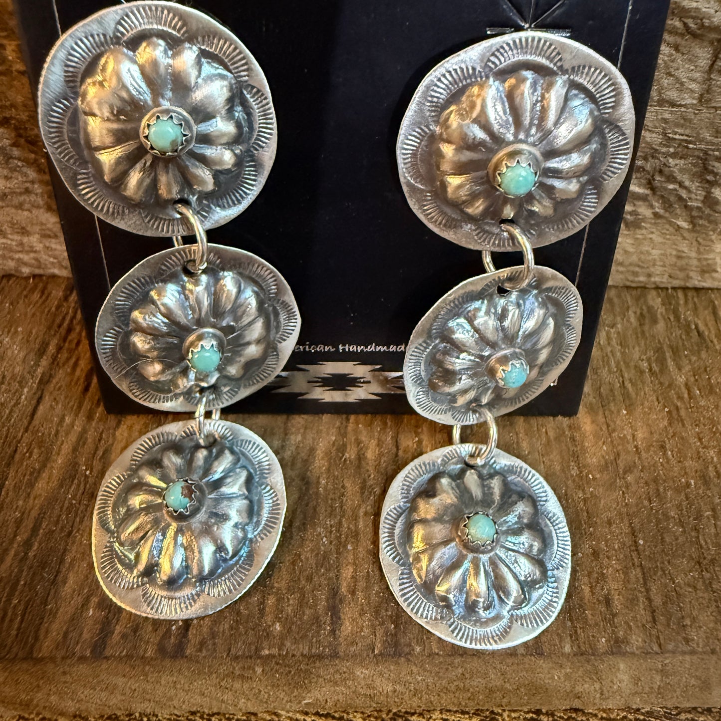 Joan Began Navajo Handmade Kingman Turquoise Conch Drop Earrings in Sterling Silver Wild West Boho