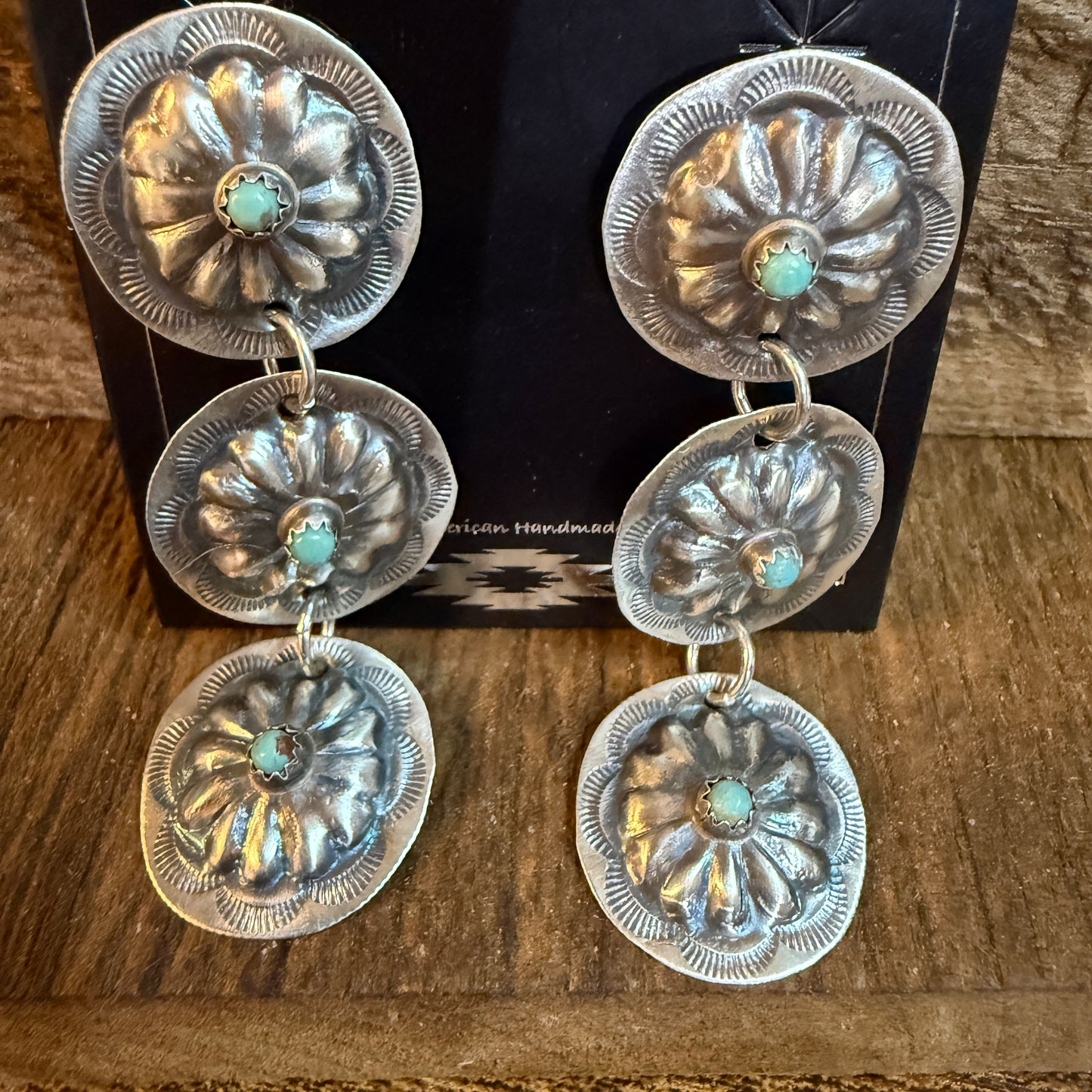 Joan Began Navajo Handmade Kingman Turquoise Conch Drop Earrings in Sterling Silver Wild West Boho