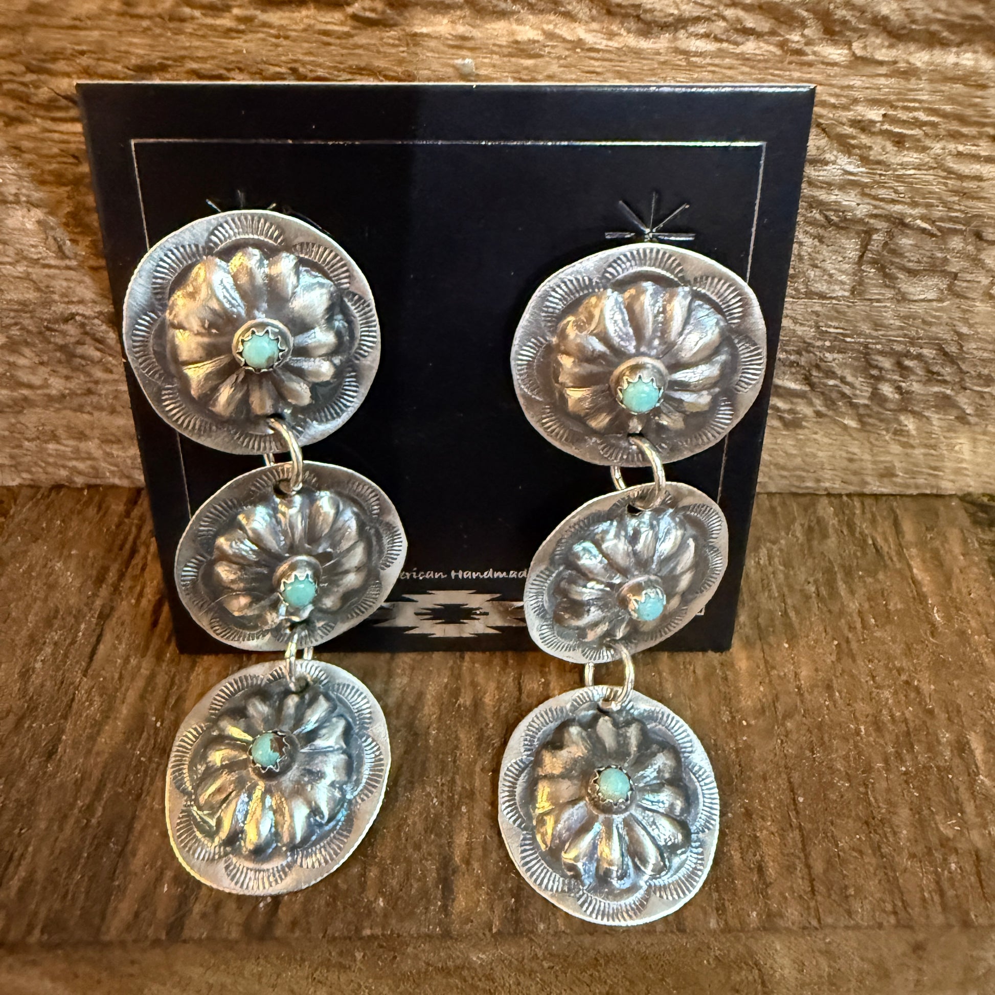 Joan Began Navajo Handmade Kingman Turquoise Conch Drop Earrings in Sterling Silver Wild West Boho