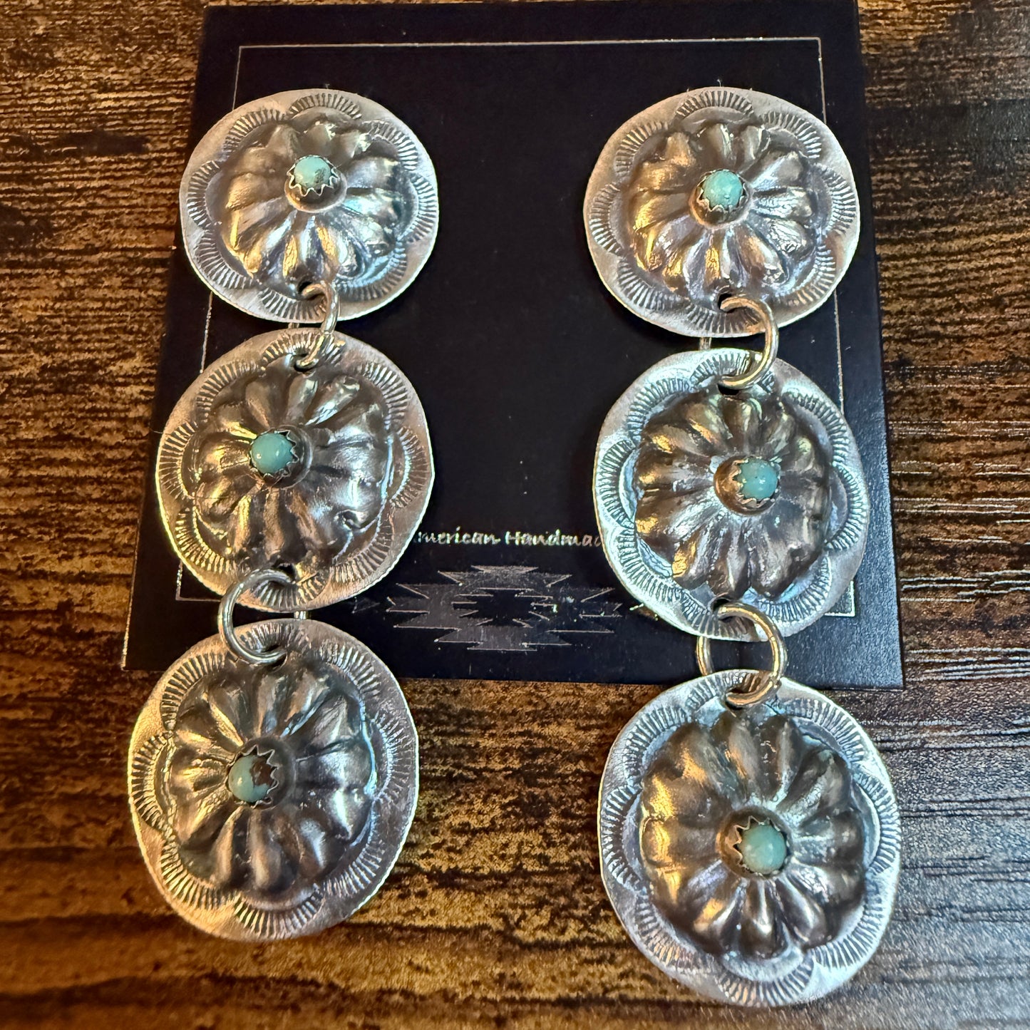 Joan Began Navajo Handmade Kingman Turquoise Conch Drop Earrings in Sterling Silver Wild West Boho