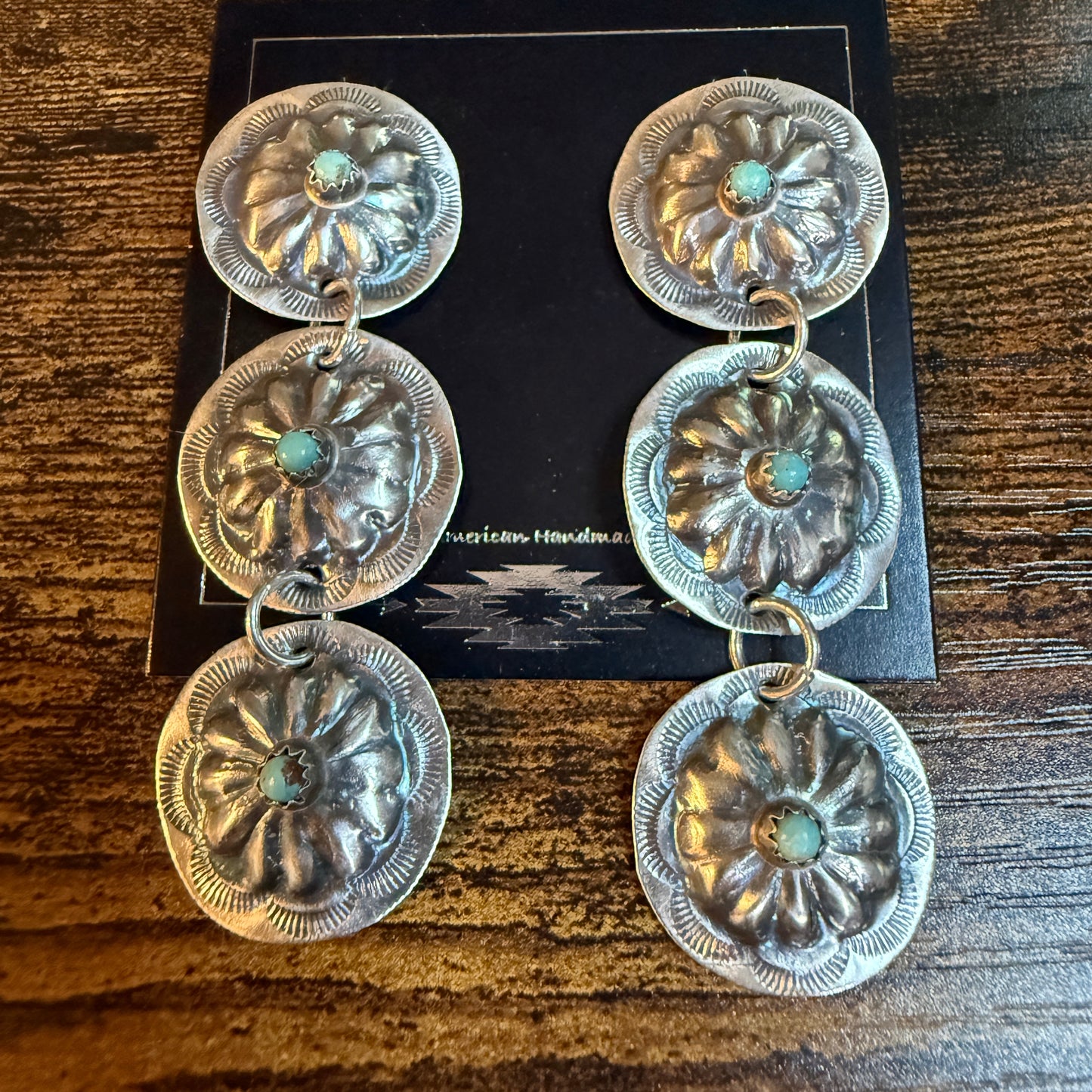 Joan Began Navajo Handmade Kingman Turquoise Conch Drop Earrings in Sterling Silver Wild West Boho