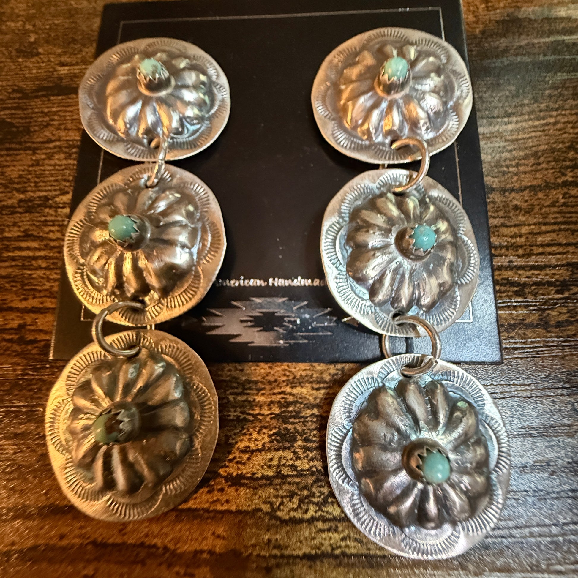Joan Began Navajo Handmade Kingman Turquoise Conch Drop Earrings in Sterling Silver Wild West Boho