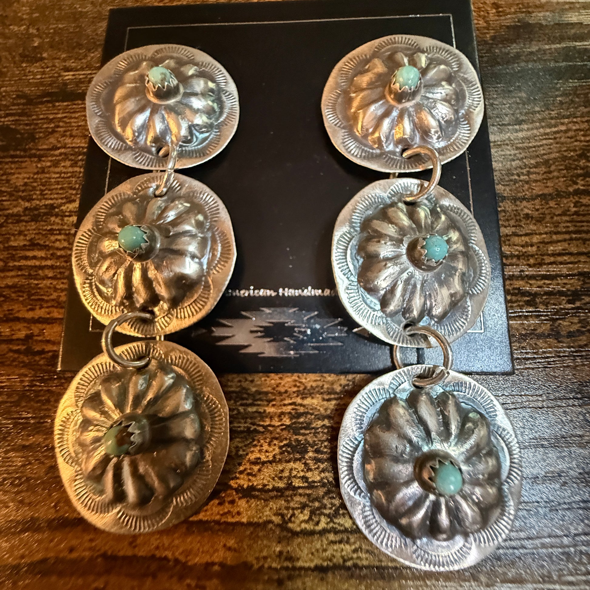 Joan Began Navajo Handmade Kingman Turquoise Conch Drop Earrings in Sterling Silver Wild West Boho