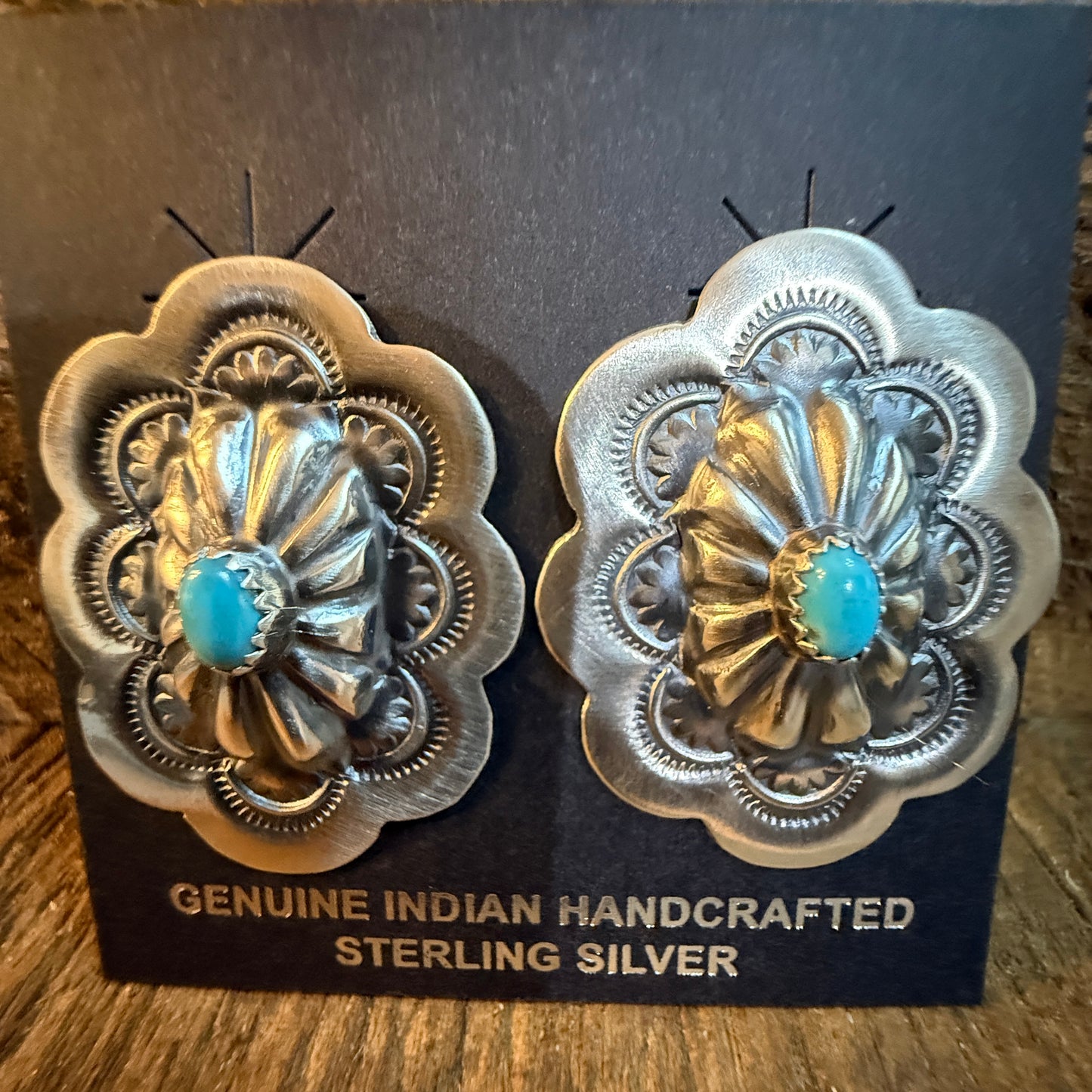 Lavina Benally Navajo Handmade Conch Kingman Turquoise Stud Earring in Sterling Silver Wild West Boho