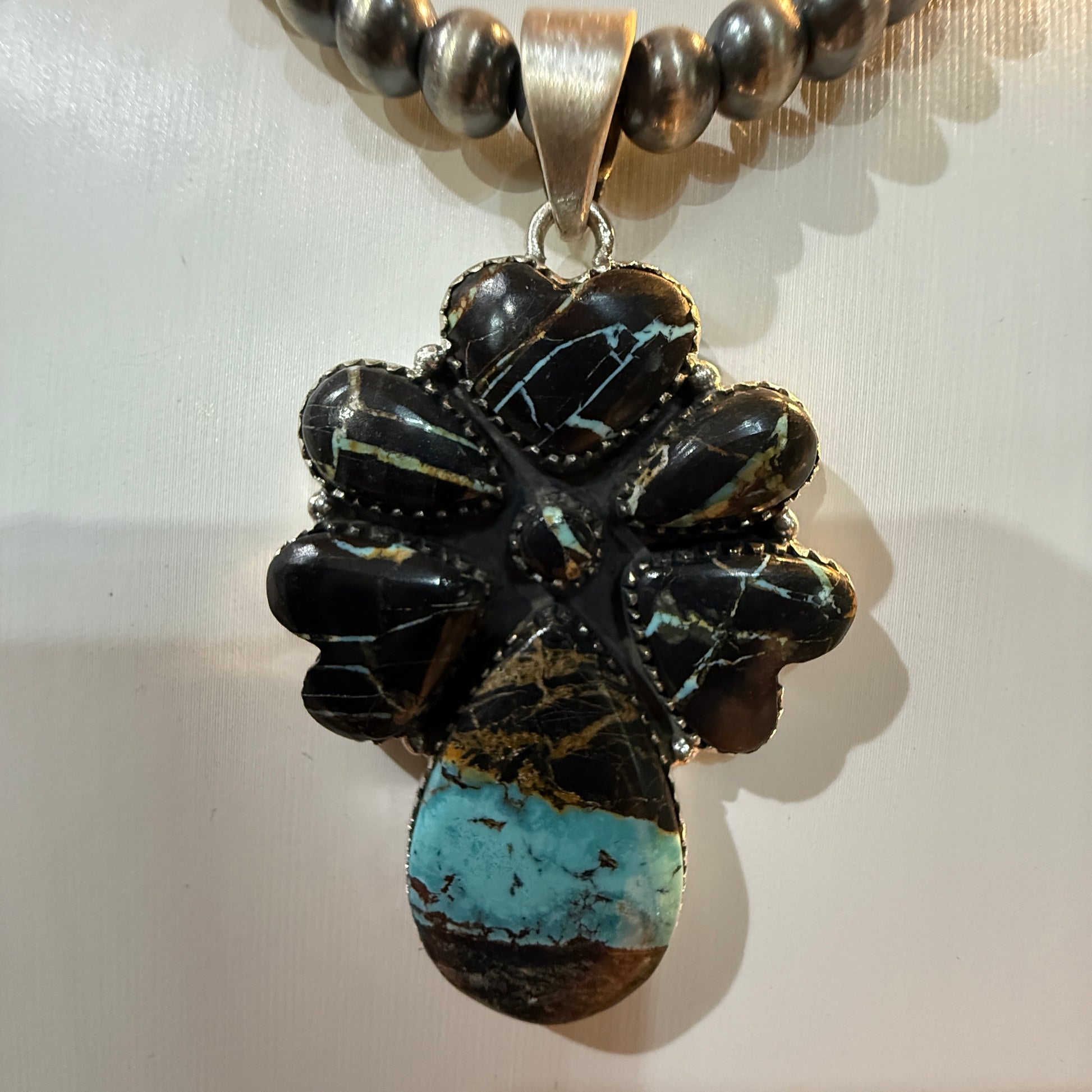 Blackjack Turquoise Gemstone 3 Inch Pendant in Sterling Silver Wild West Boho