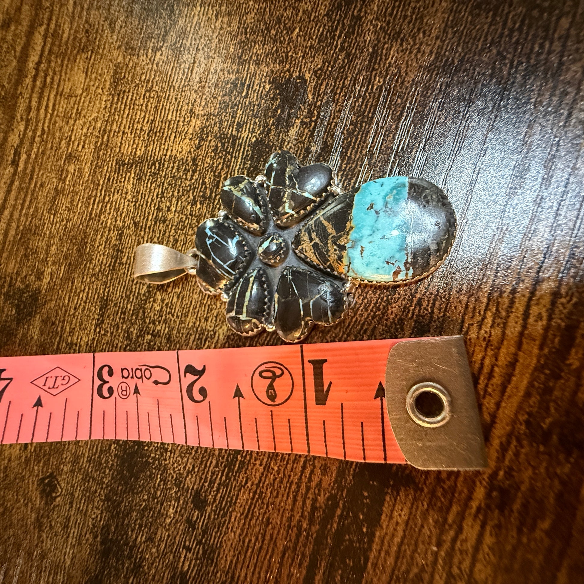 Blackjack Turquoise Gemstone 3 Inch Pendant in Sterling Silver Wild West Boho