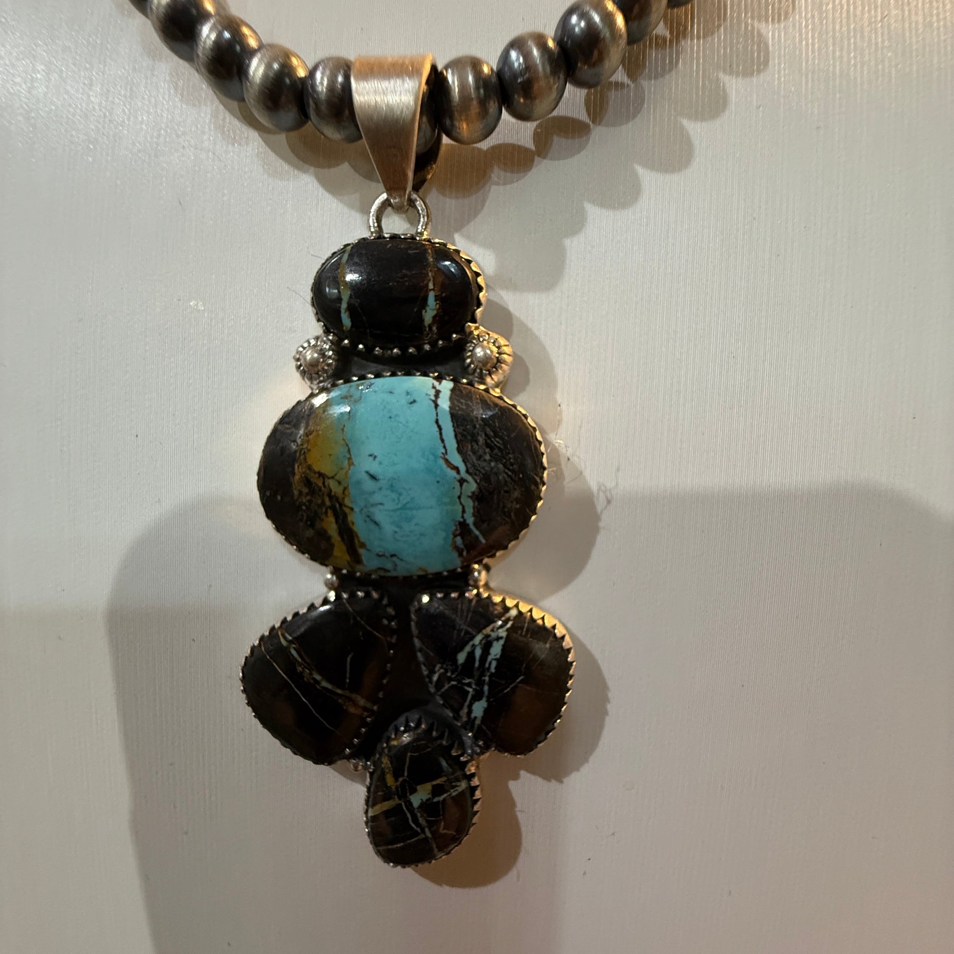 Blackjack Turquoise Gemstone 3 Inch Pendant in Sterling Silver Wild West Boho