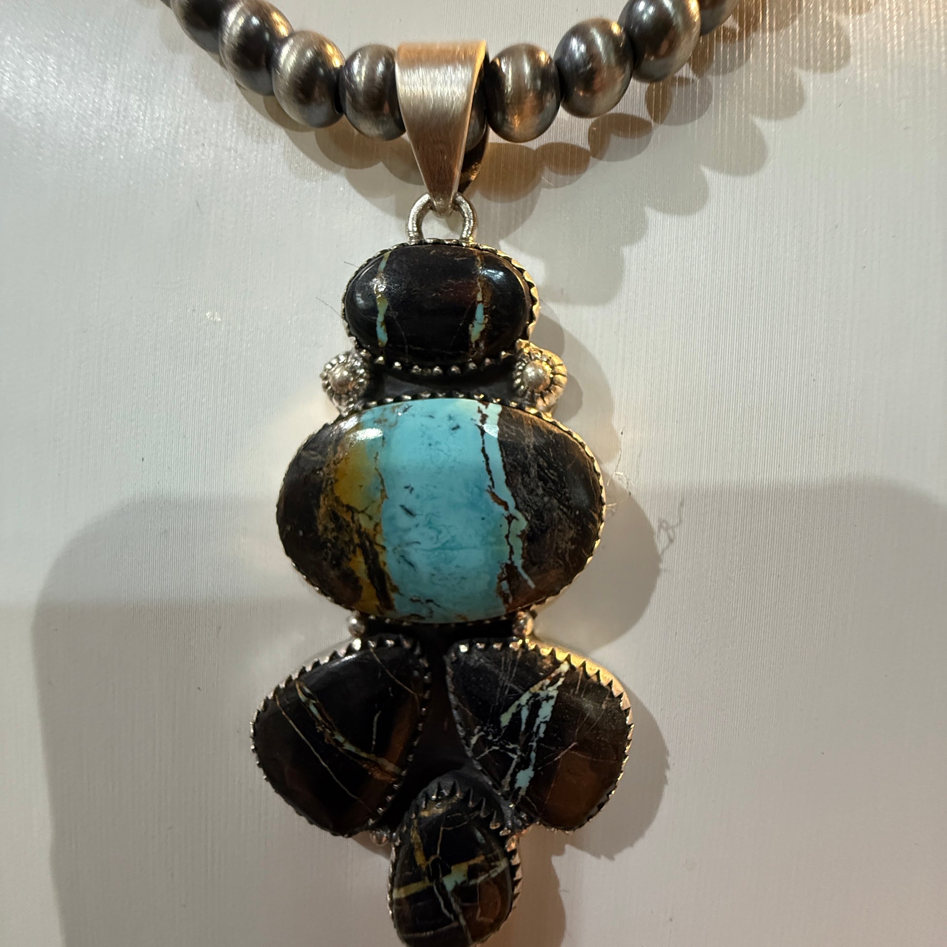 Blackjack Turquoise Gemstone 3 Inch Pendant in Sterling Silver Wild West Boho