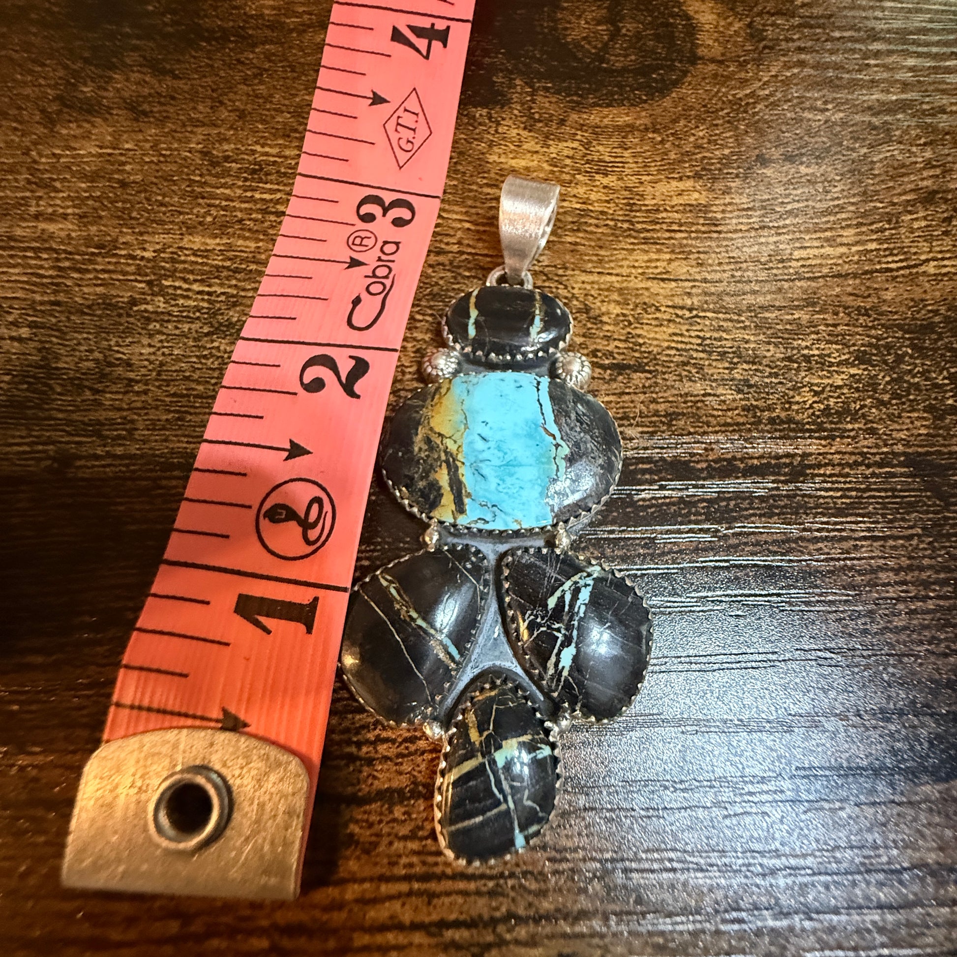 Blackjack Turquoise Gemstone 3 Inch Pendant in Sterling Silver Wild West Boho