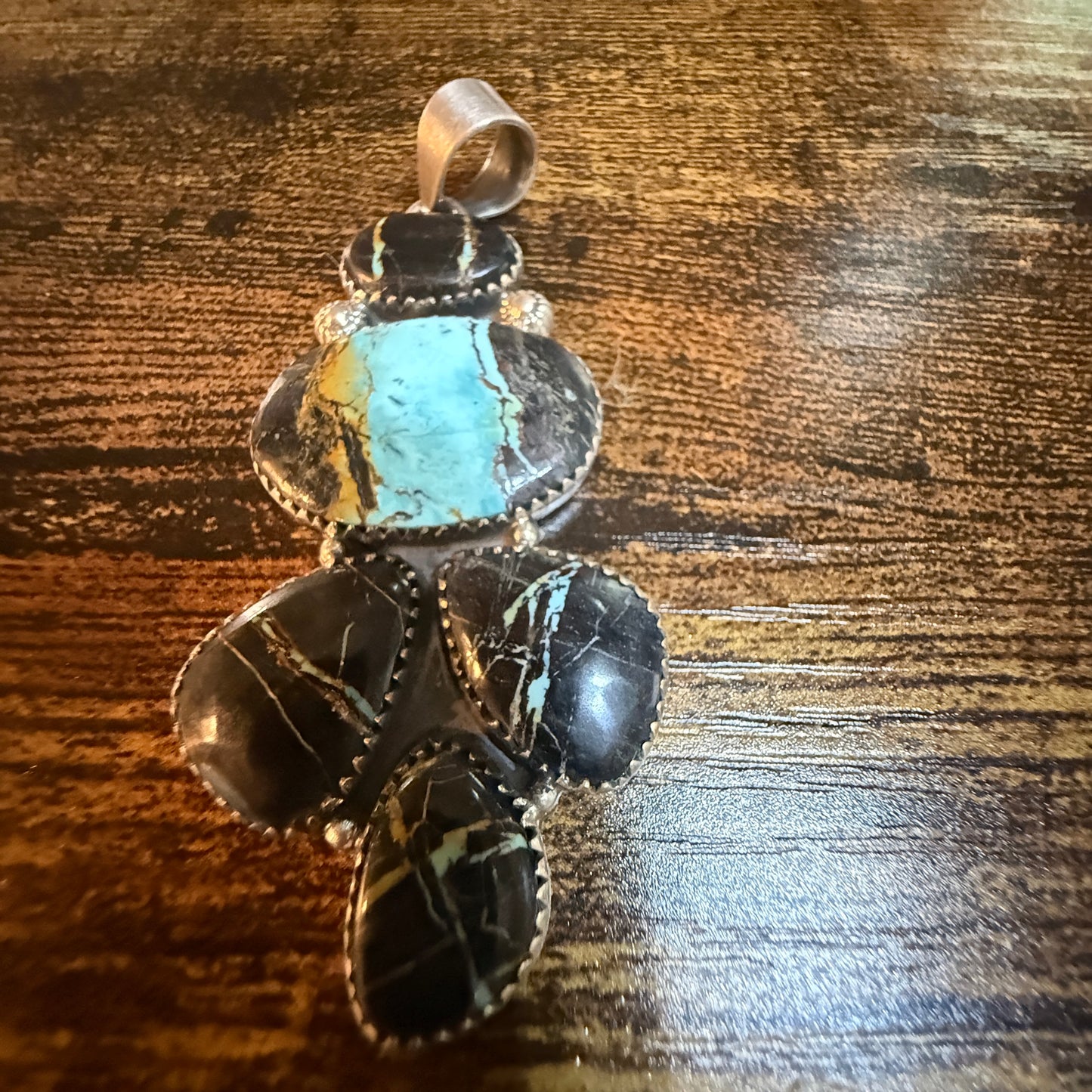 Blackjack Turquoise Gemstone 3 Inch Pendant in Sterling Silver Wild West Boho
