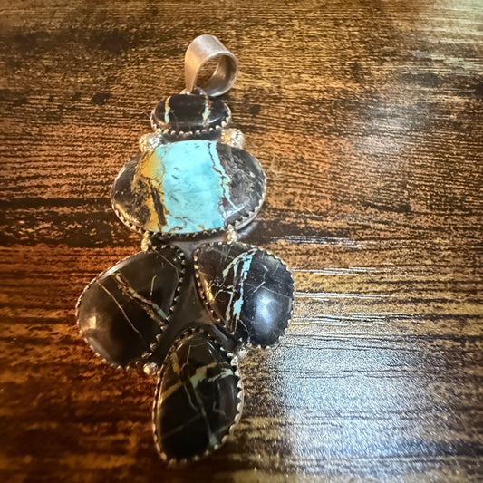 Blackjack Turquoise Gemstone 3 Inch Pendant in Sterling Silver Wild West Boho