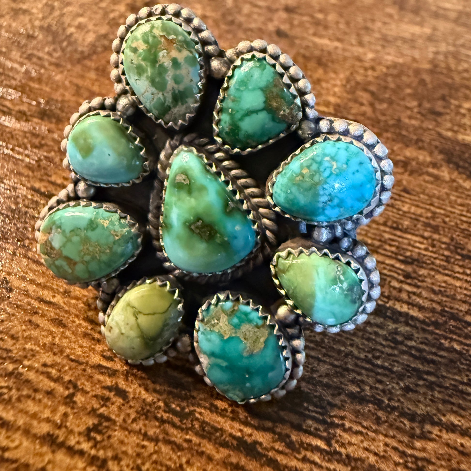 Sonoran Gold Turquoise Gemstone Oversized Cluster Ring in Sterling Silver Adjustable Wild West Boho