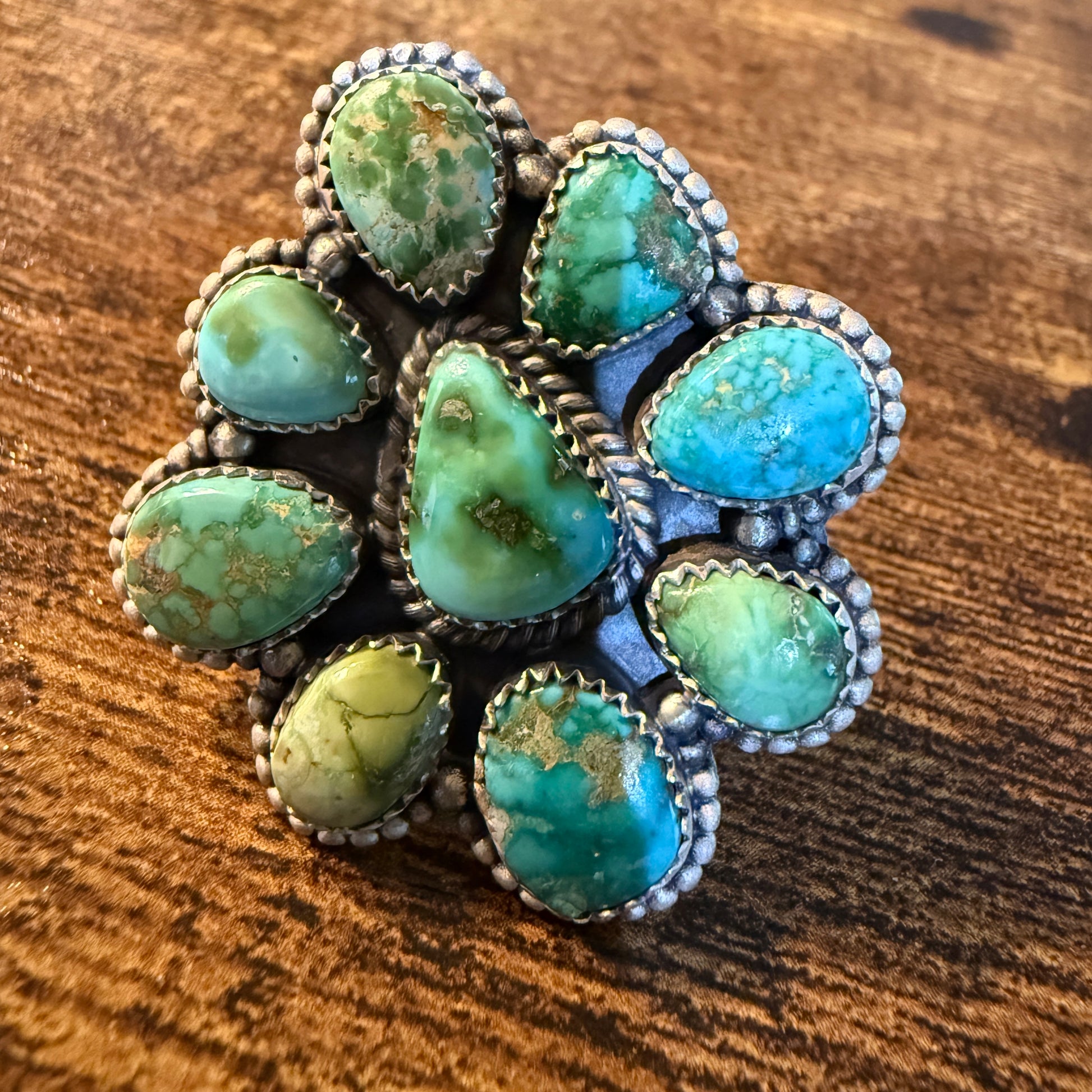 Sonoran Gold Turquoise Gemstone Oversized Cluster Ring in Sterling Silver Adjustable Wild West Boho
