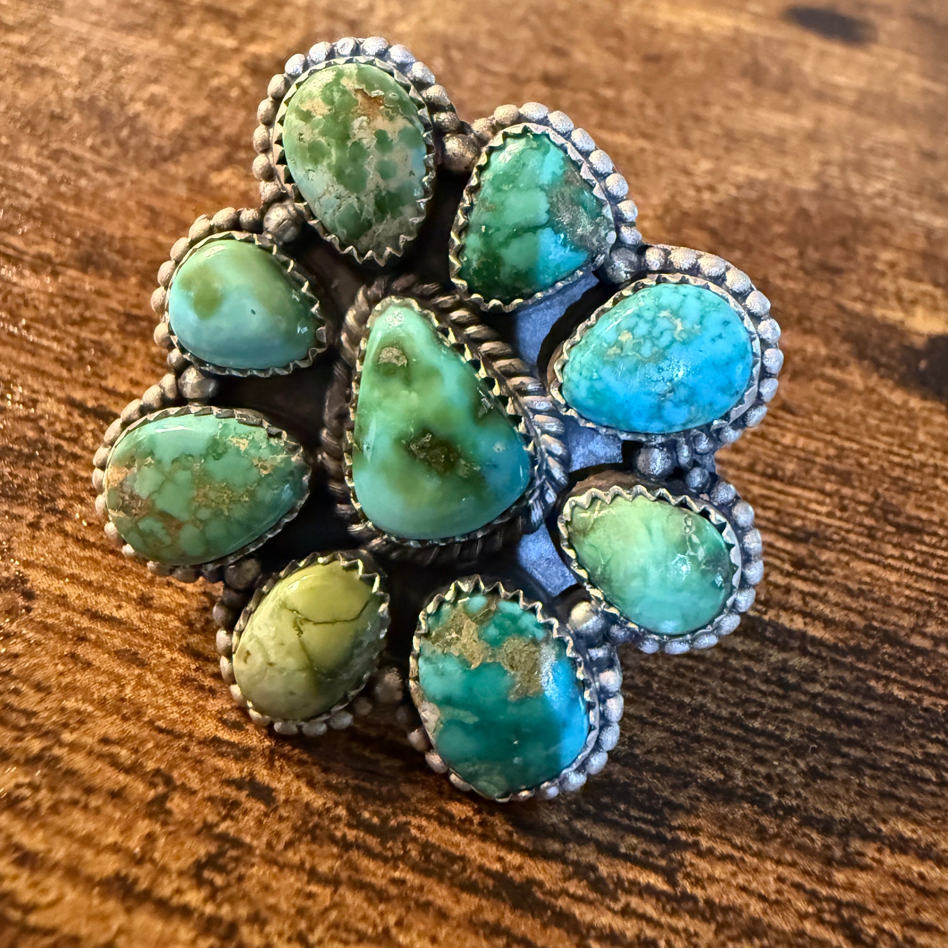 Sonoran Gold Turquoise Gemstone Oversized Cluster Ring in Sterling Silver Adjustable Wild West Boho