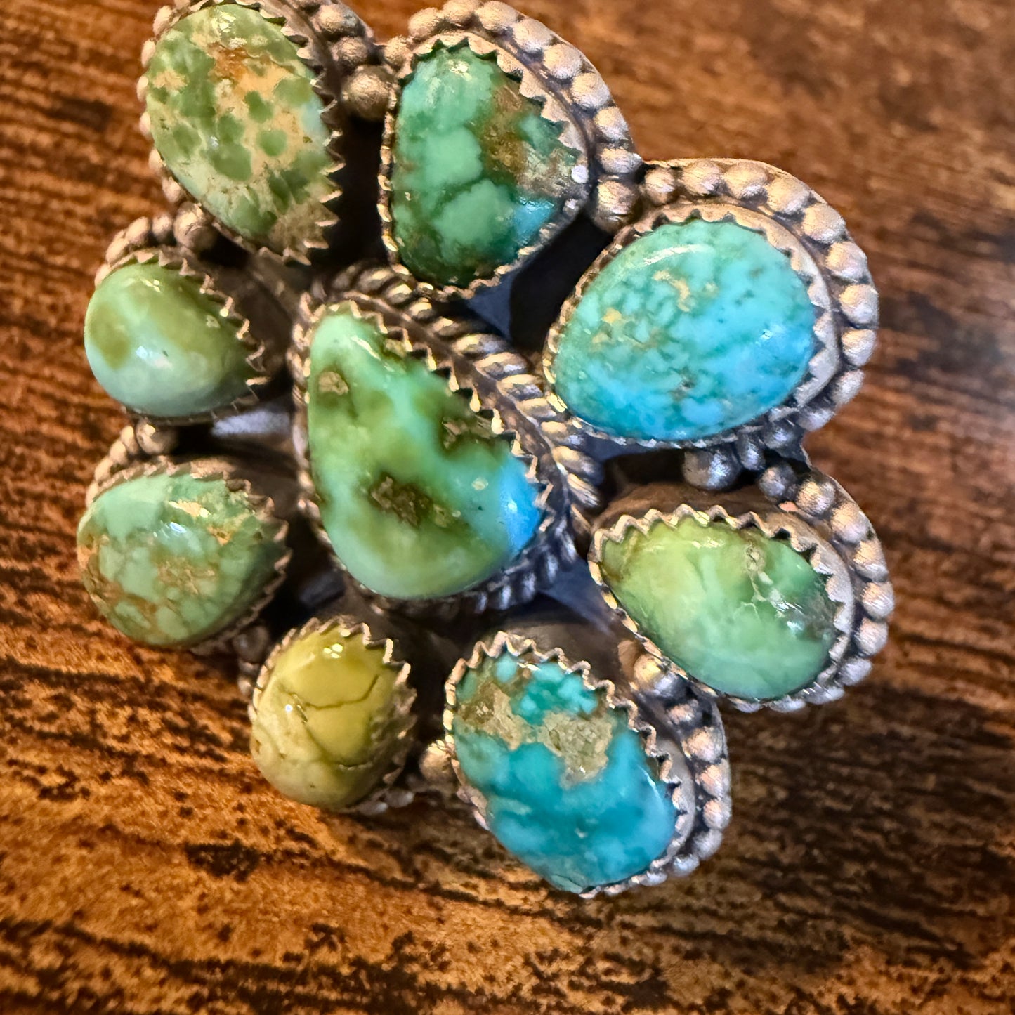 Sonoran Gold Turquoise Gemstone Oversized Cluster Ring in Sterling Silver Adjustable Wild West Boho