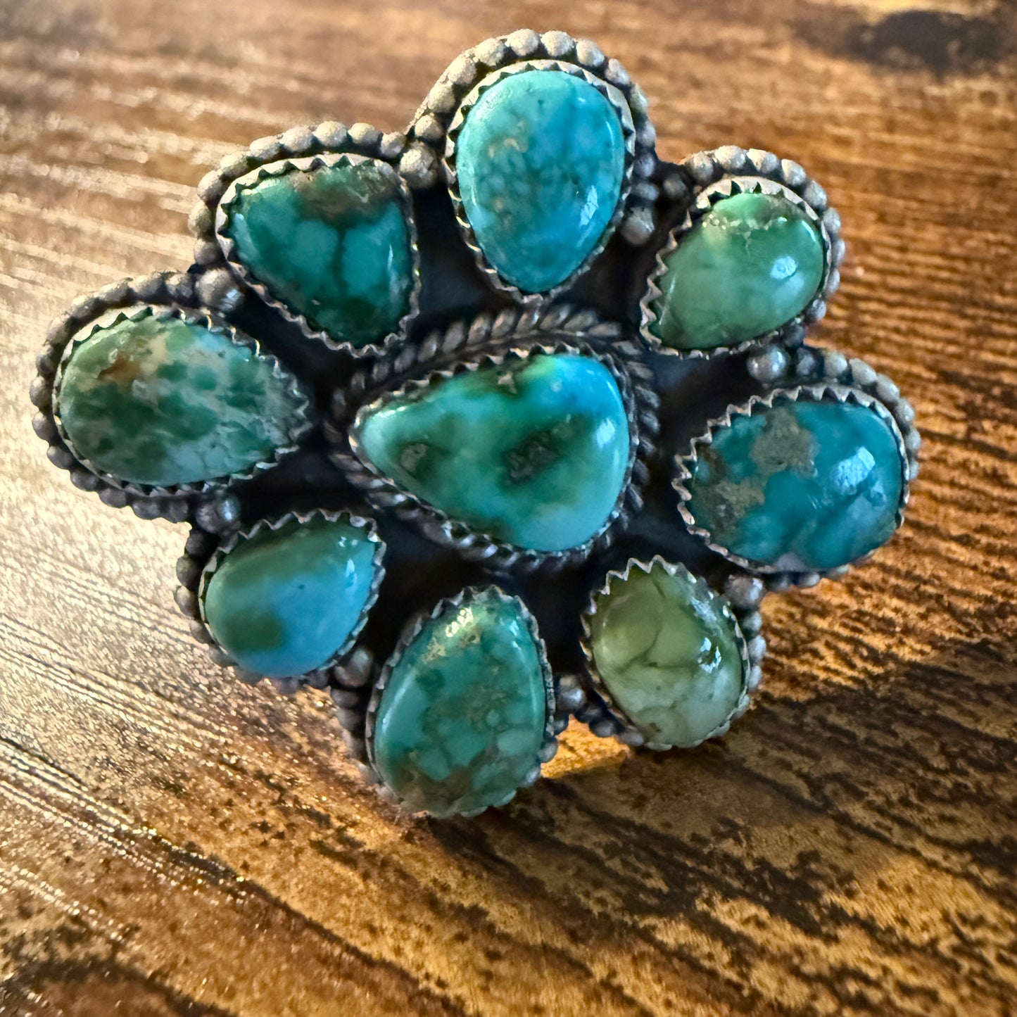 Sonoran Gold Turquoise Gemstone Oversized Cluster Ring in Sterling Silver Adjustable Wild West Boho