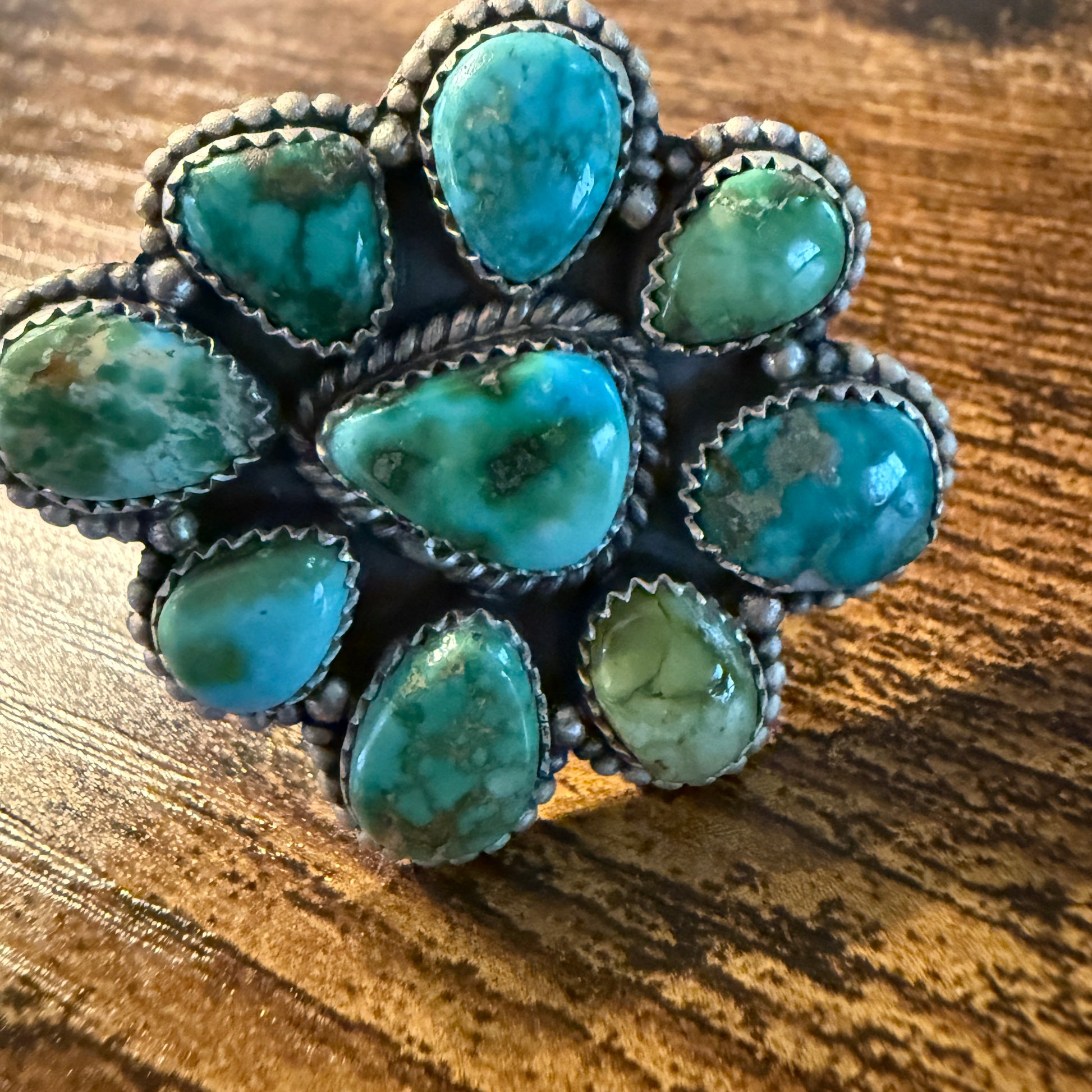 Sonoran Gold Turquoise Gemstone Oversized Cluster Ring in Sterling Silver Adjustable Wild West Boho