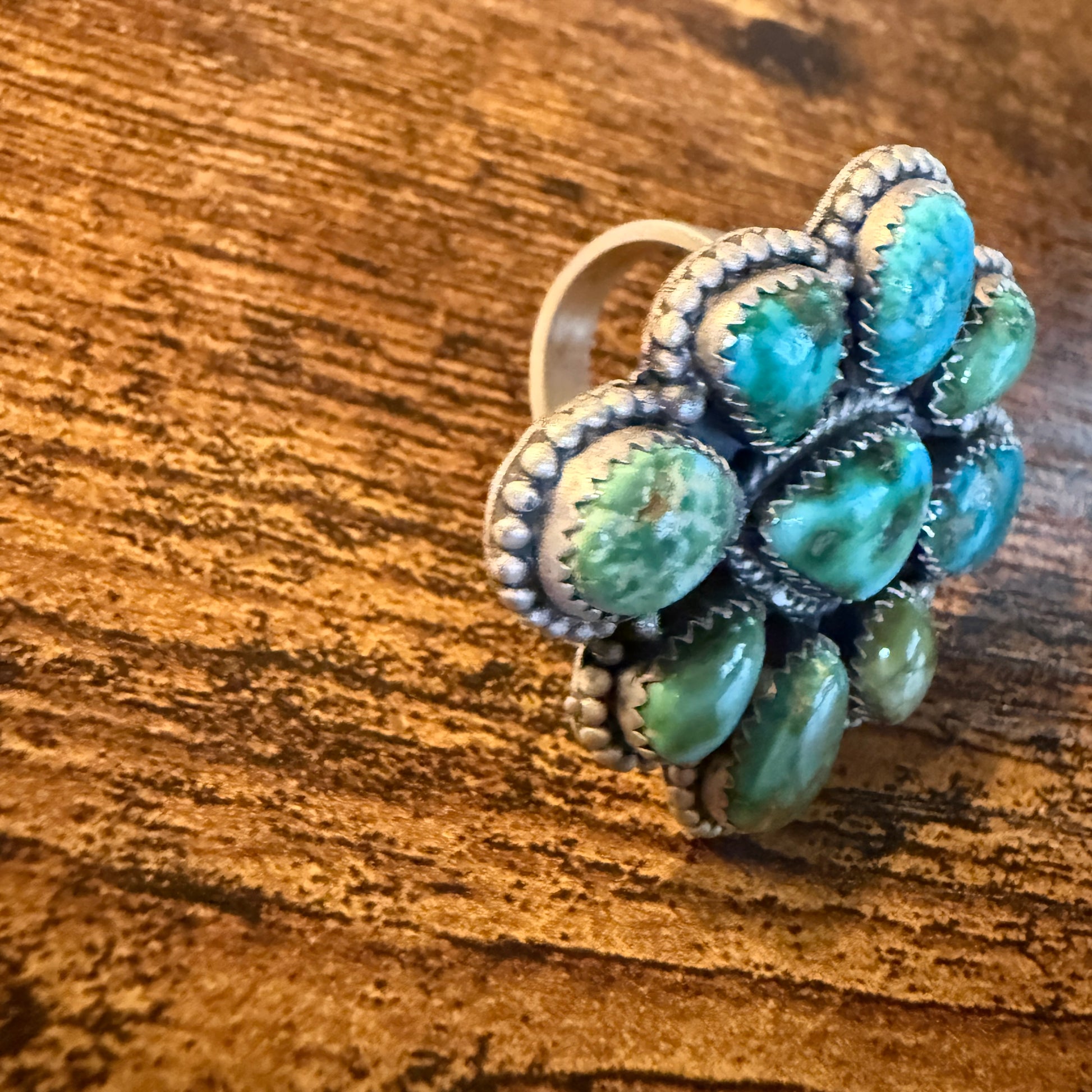 Sonoran Gold Turquoise Gemstone Oversized Cluster Ring in Sterling Silver Adjustable Wild West Boho
