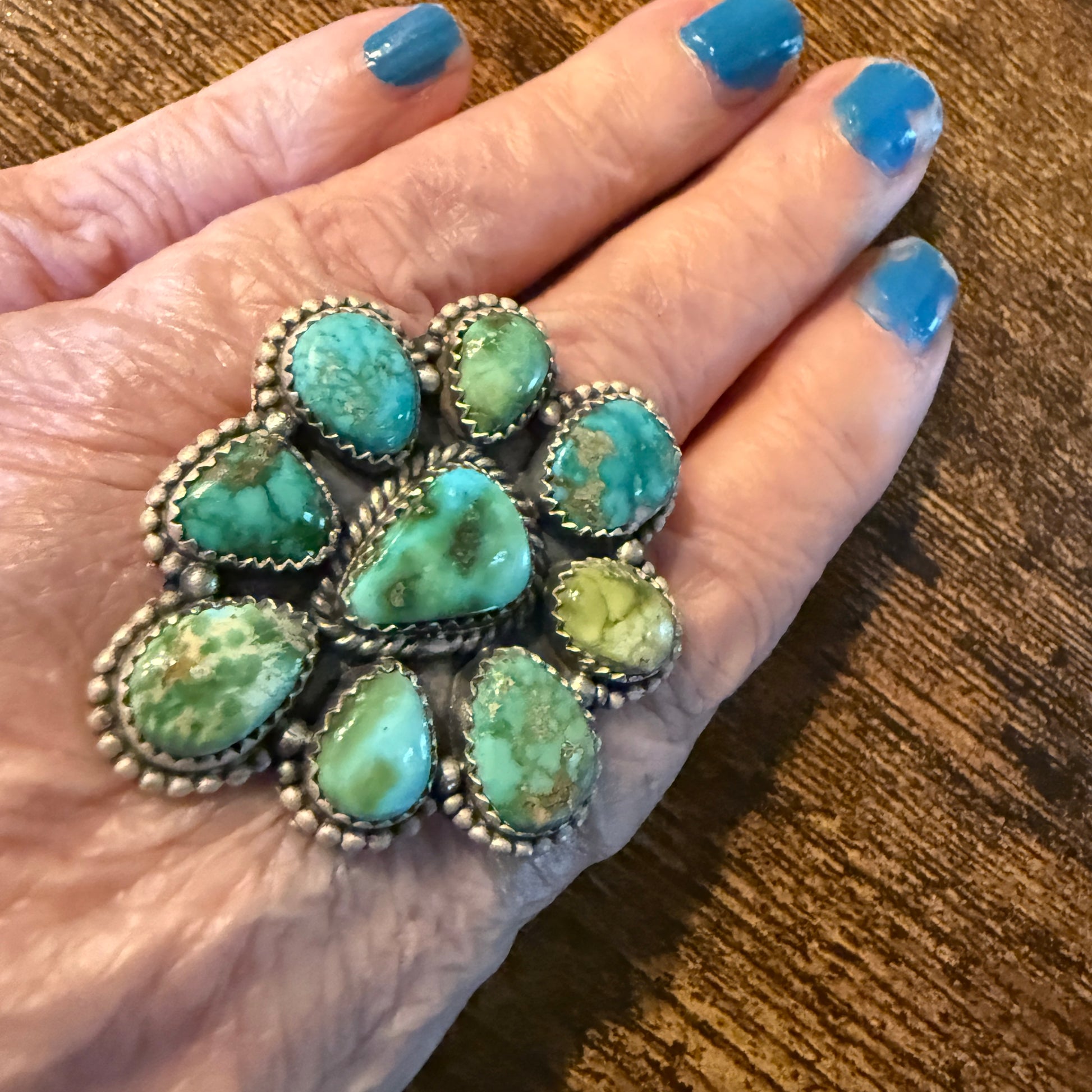 Sonoran Gold Turquoise Gemstone Oversized Cluster Ring in Sterling Silver Adjustable Wild West Boho