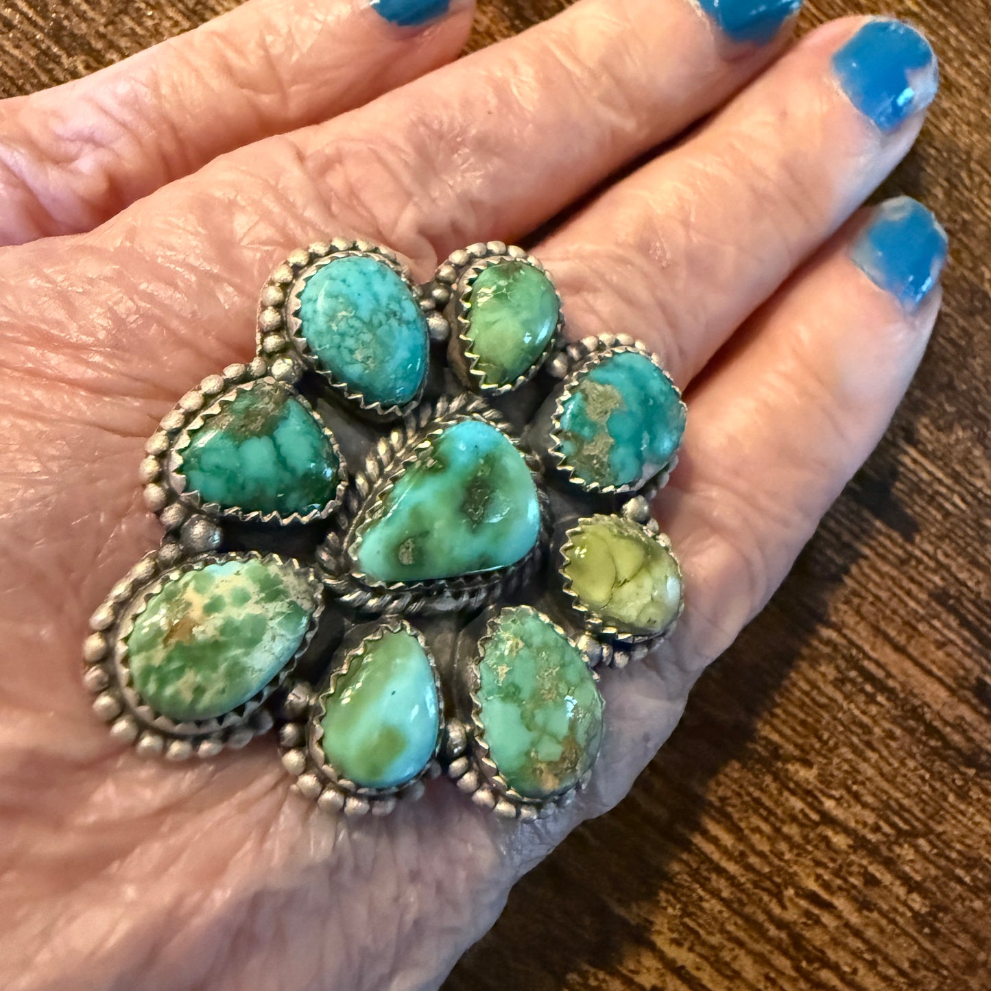 Sonoran Gold Turquoise Gemstone Oversized Cluster Ring in Sterling Silver Adjustable Wild West Boho