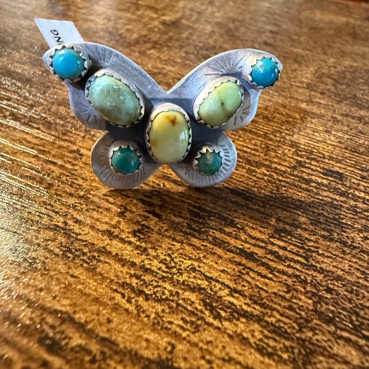 Palomino and Turquoise Gemstone Butterfly Adjustable Ring in Sterling Silver Wild West Boho