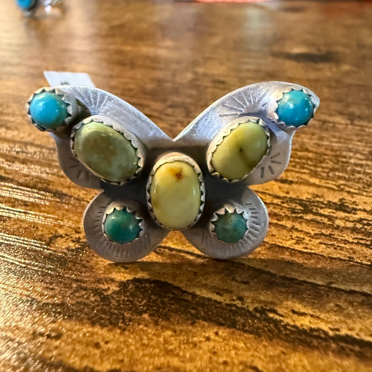 Palomino and Turquoise Gemstone Butterfly Adjustable Ring in Sterling Silver Wild West Boho