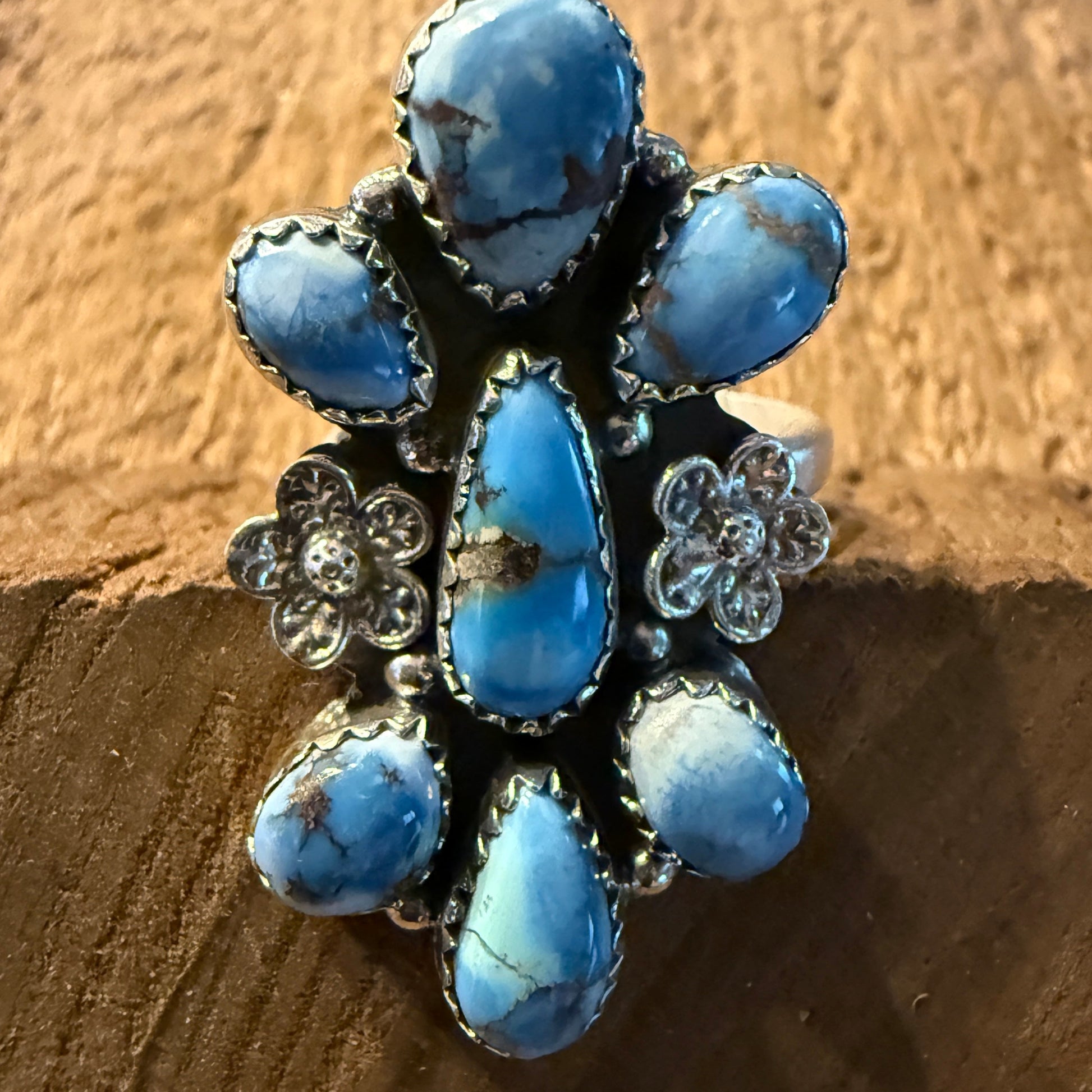 Golden Hills Turquoise Gemstone Floral Cluster Ring in Sterling Silver Adjustable Wild West Boho