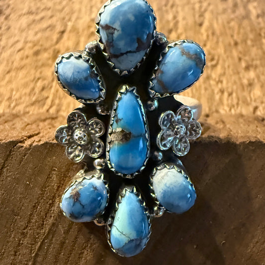 Golden Hills Turquoise Gemstone Floral Cluster Ring in Sterling Silver Adjustable Wild West Boho