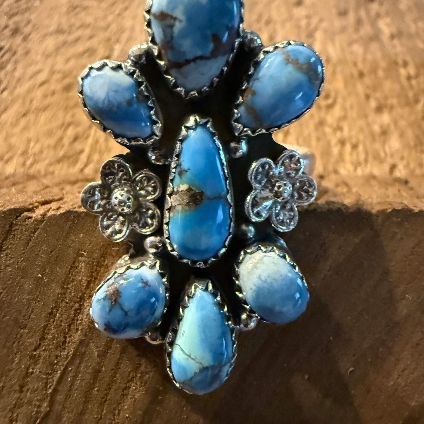 Golden Hills Turquoise Gemstone Floral Cluster Ring in Sterling Silver Adjustable Wild West Boho
