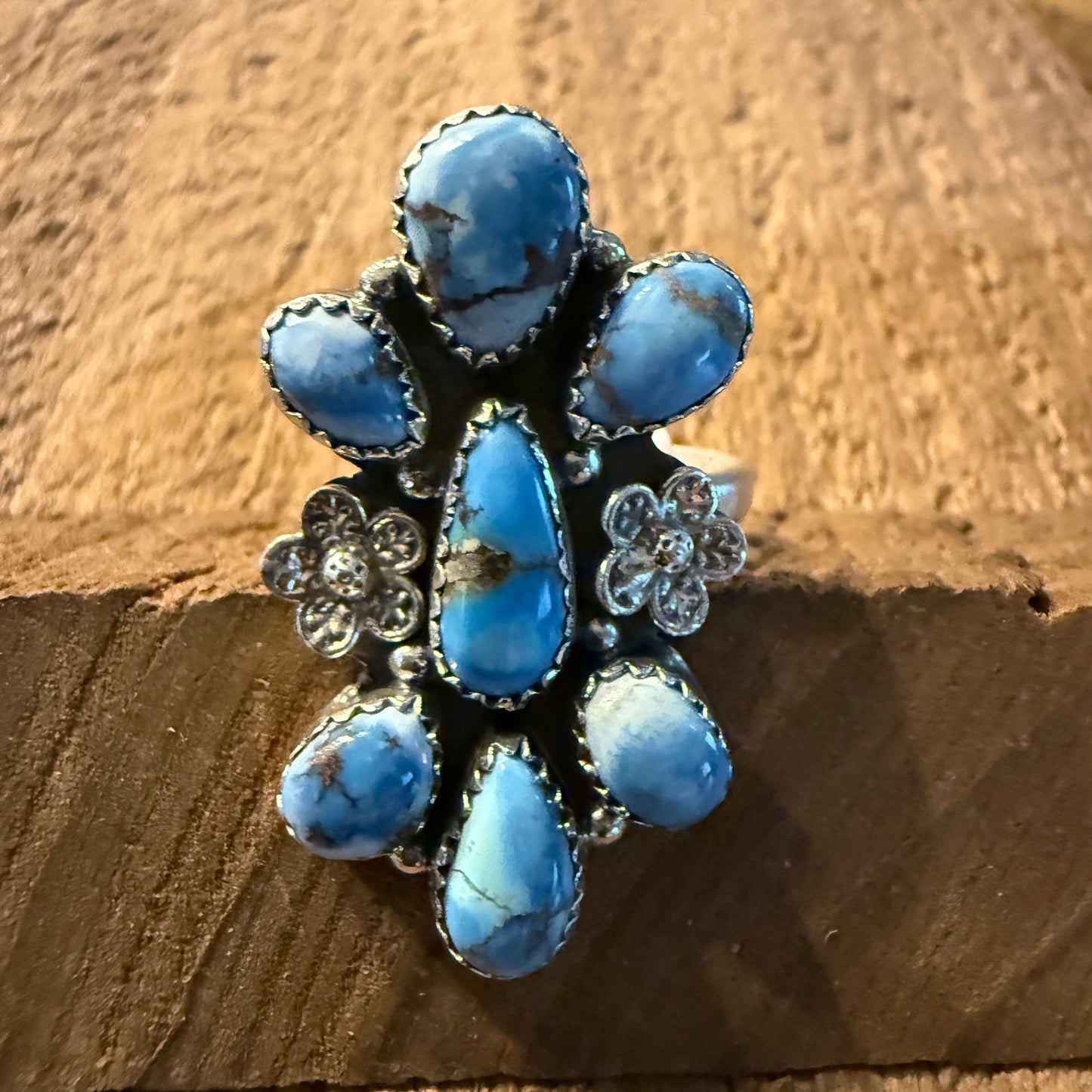 Golden Hills Turquoise Gemstone Floral Cluster Ring in Sterling Silver Adjustable Wild West Boho