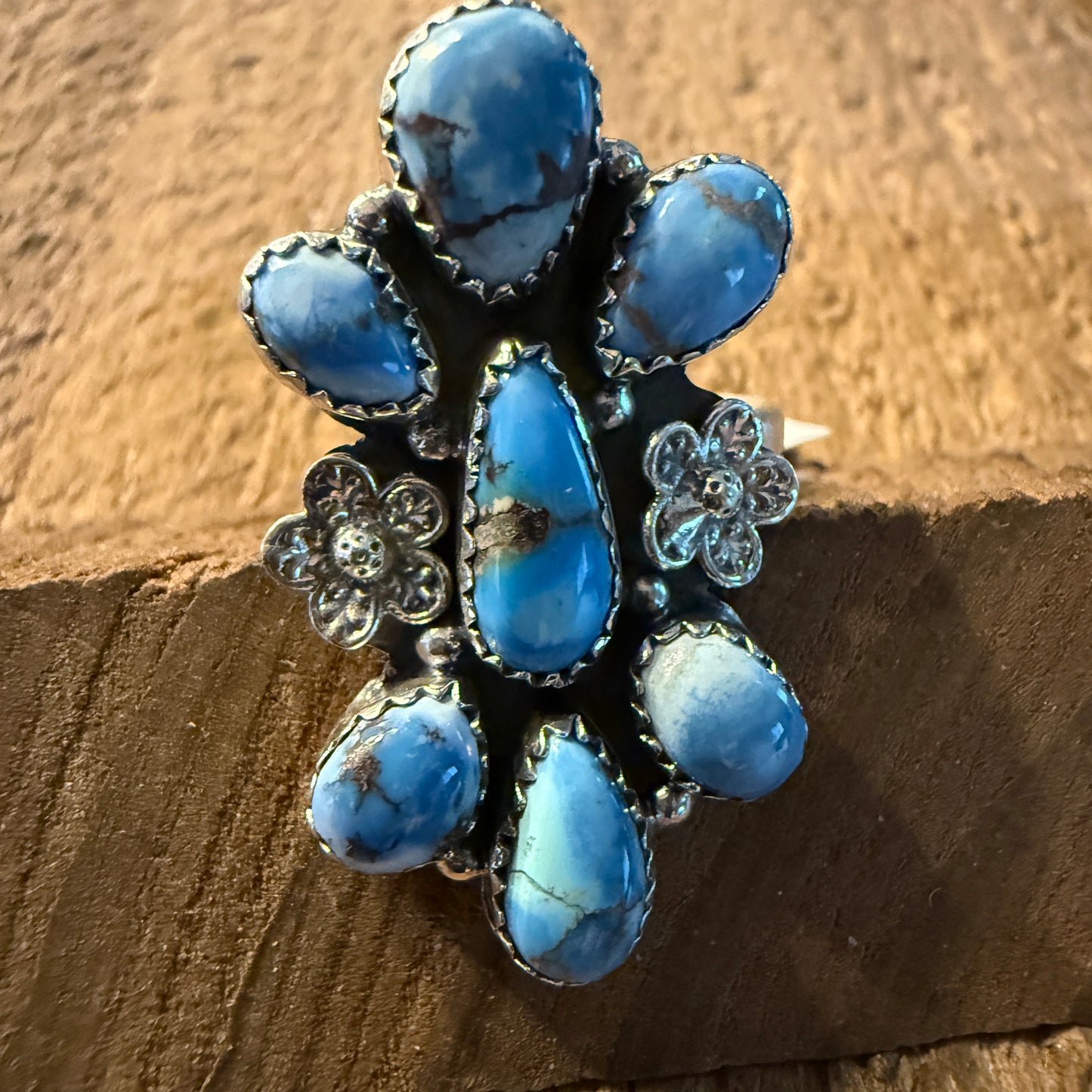 Golden Hills Turquoise Gemstone Floral Cluster Ring in Sterling Silver Adjustable Wild West Boho