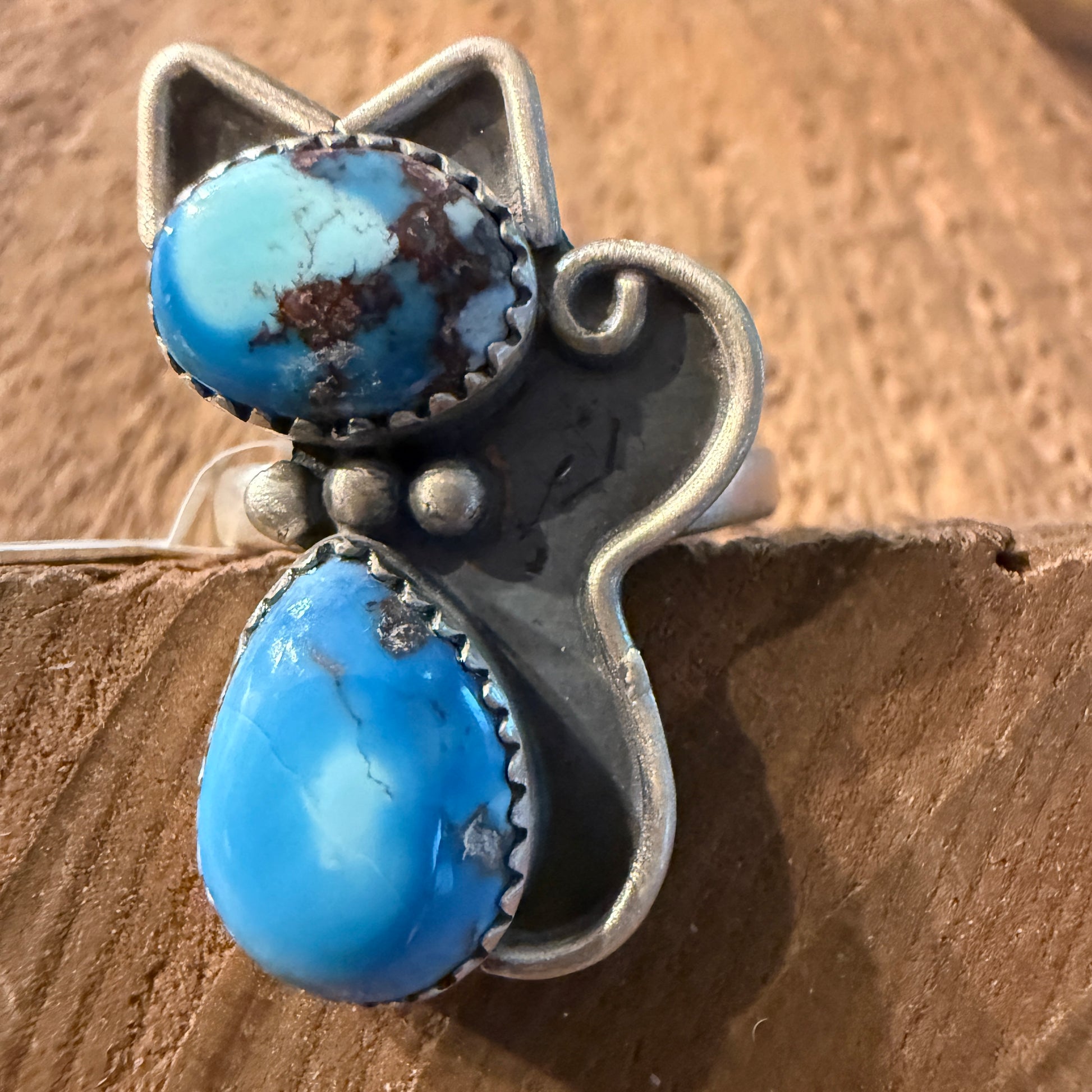 Golden Hills Turquoise Gemstone Kitty Cat Adjustable Ring in Sterling Silver Wild West Boho