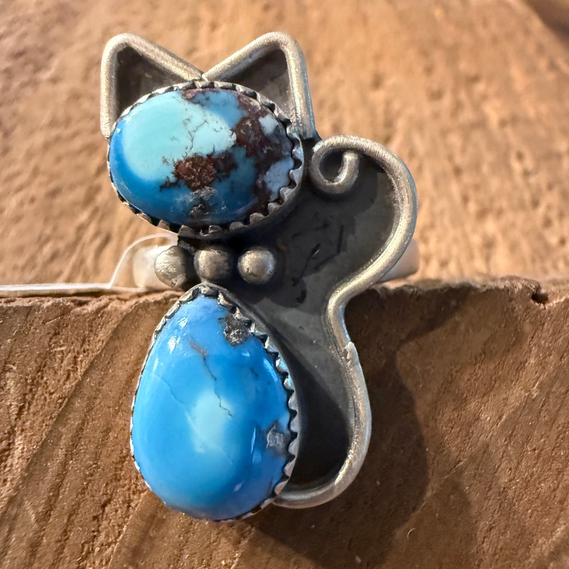 Golden Hills Turquoise Gemstone Kitty Cat Adjustable Ring in Sterling Silver Wild West Boho