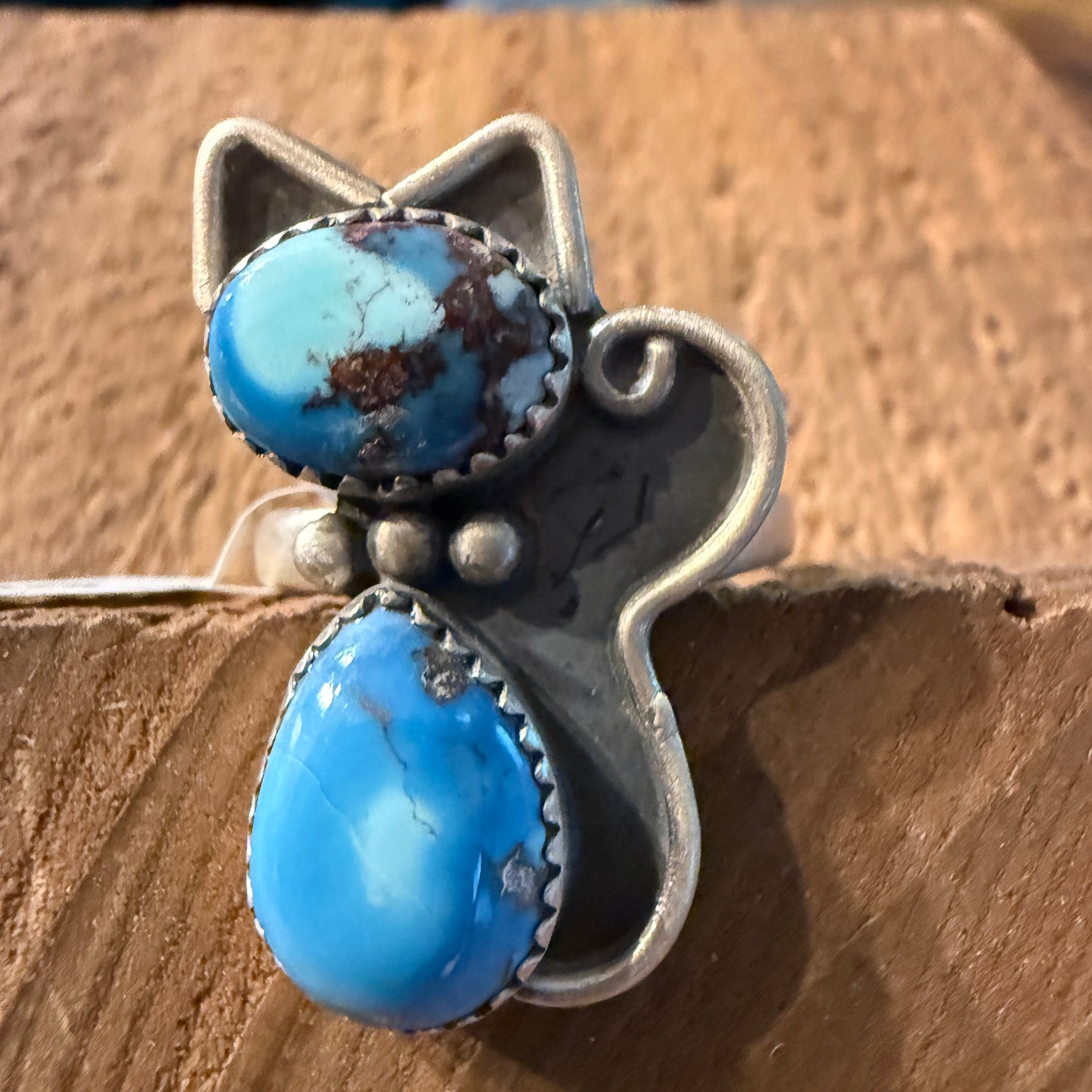 Golden Hills Turquoise Gemstone Kitty Cat Adjustable Ring in Sterling Silver Wild West Boho