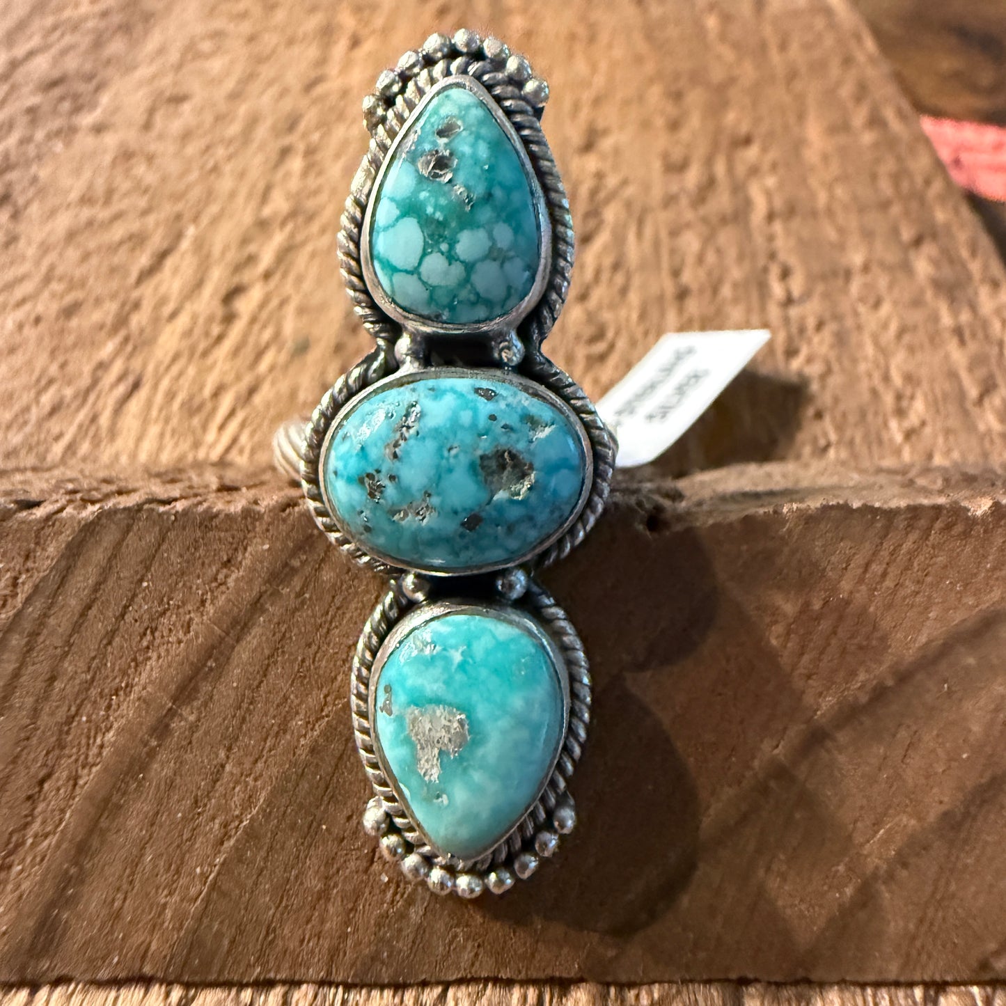 White Water Turquoise Gemstone Adjustable Ring in Sterling Silver Wild West Boho