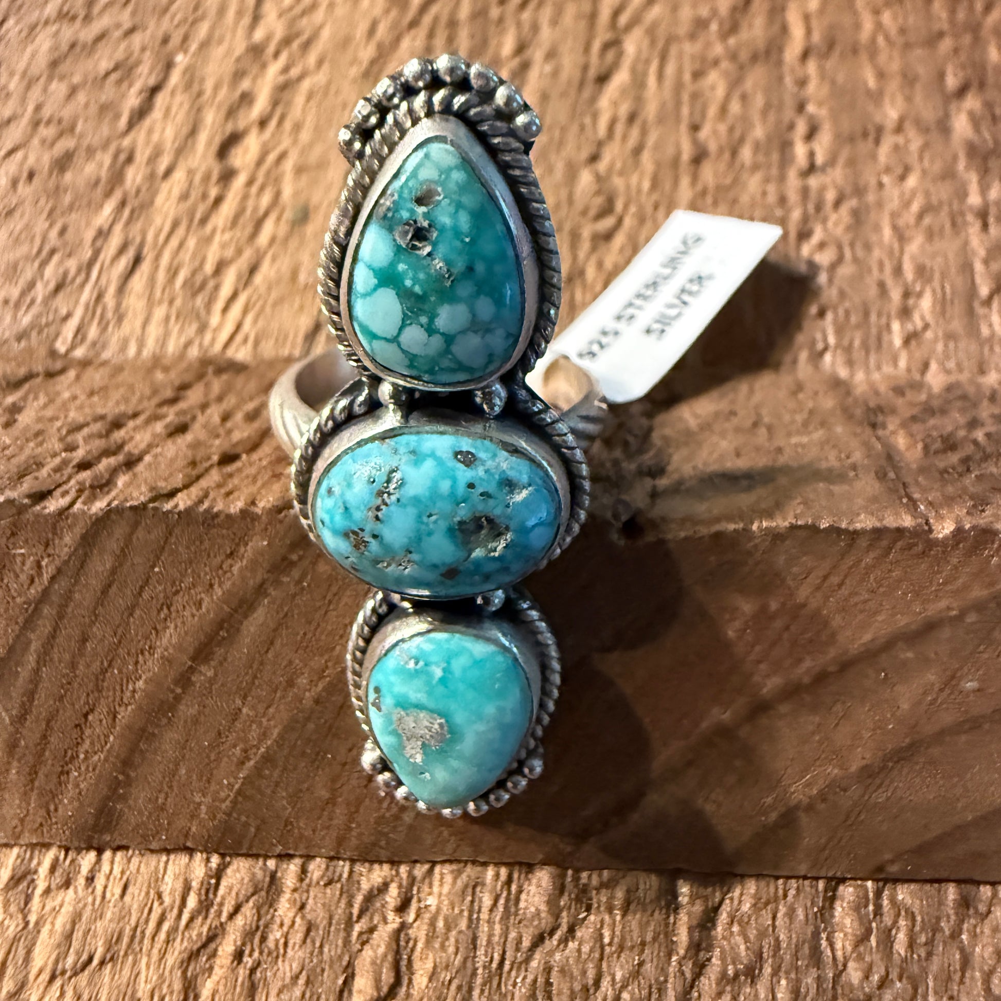 White Water Turquoise Gemstone Adjustable Ring in Sterling Silver Wild West Boho