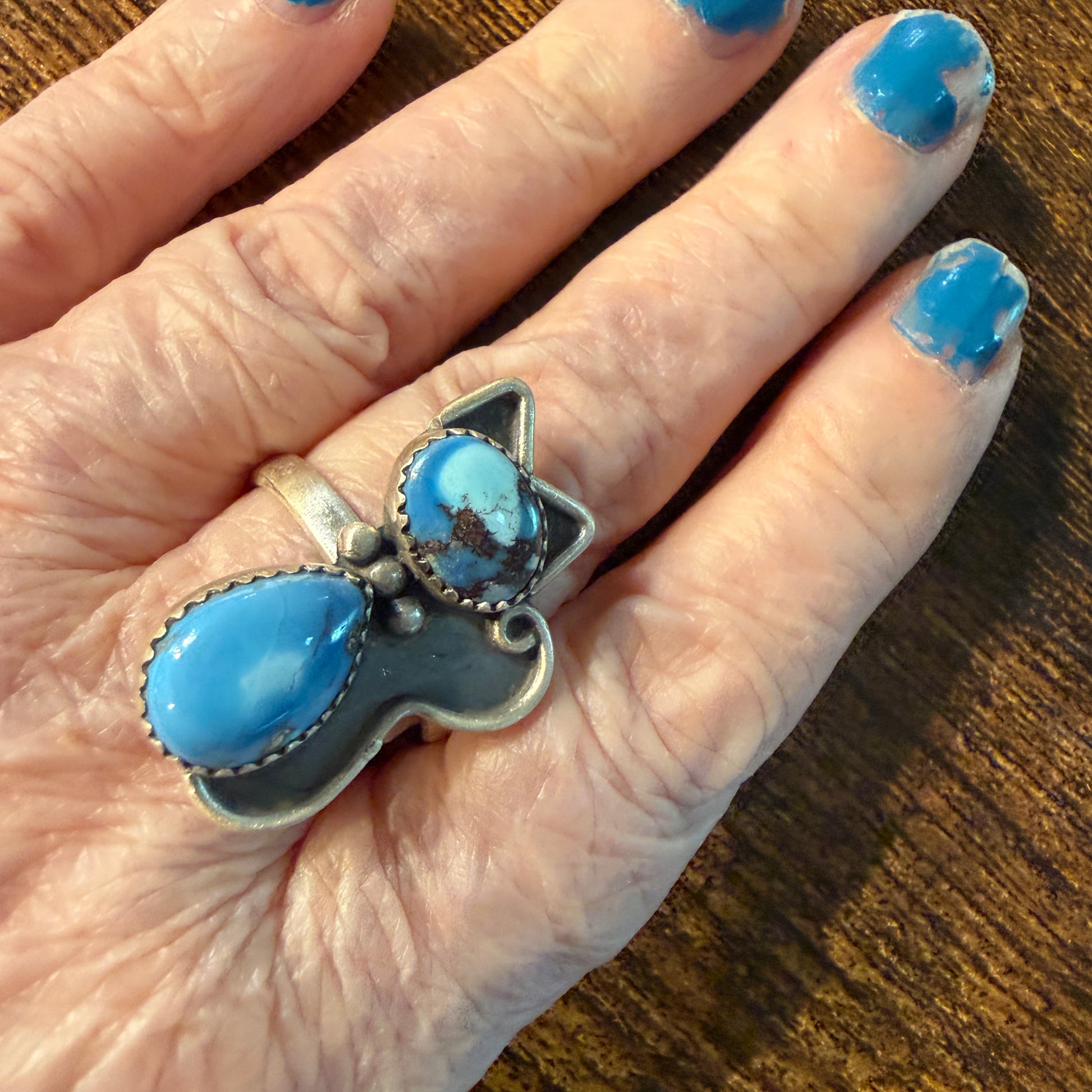 Golden Hills Turquoise Gemstone Kitty Cat Adjustable Ring in Sterling Silver Wild West Boho