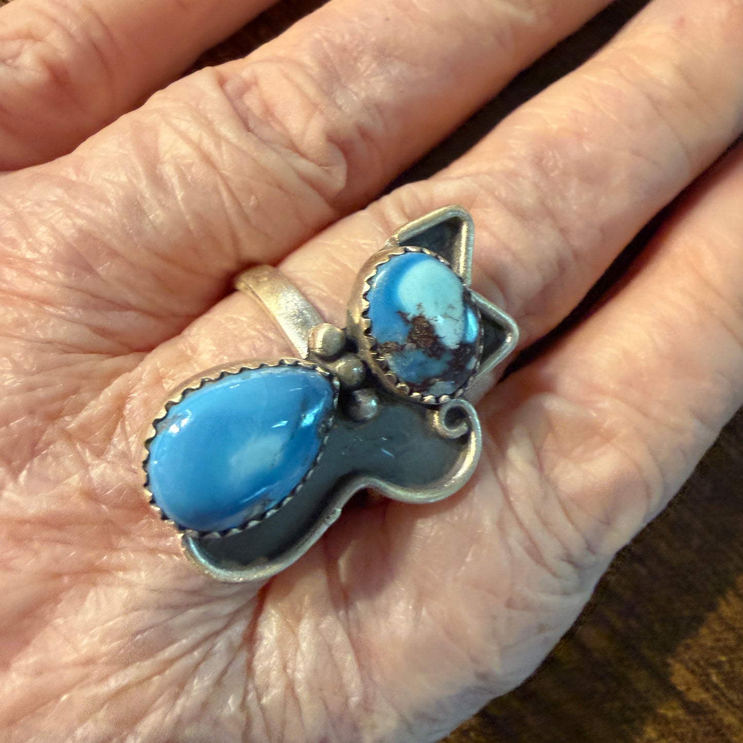 Golden Hills Turquoise Gemstone Kitty Cat Adjustable Ring in Sterling Silver Wild West Boho