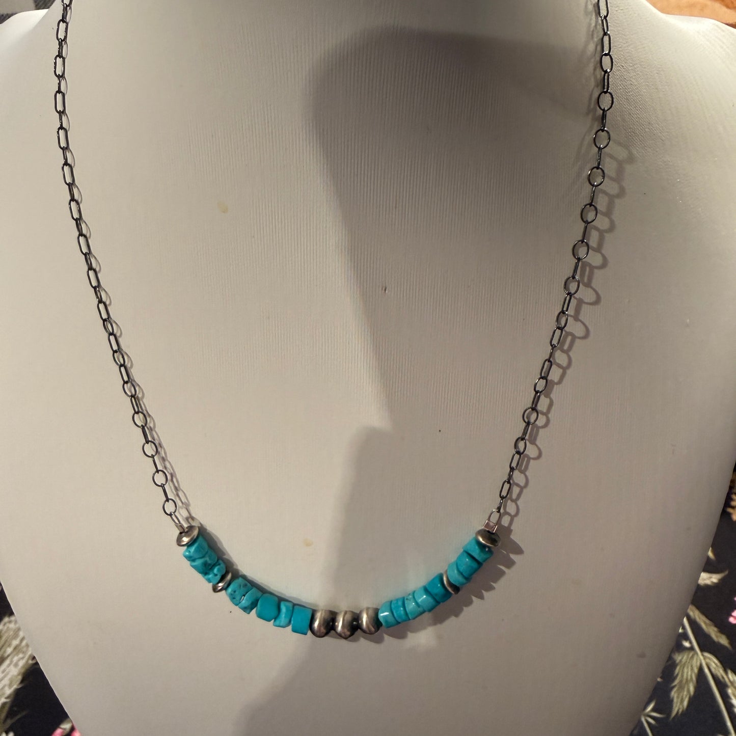 Kingman Turquoise and Sterling Silver Desert Pearls Necklace, 16 Inches Wild West Boho