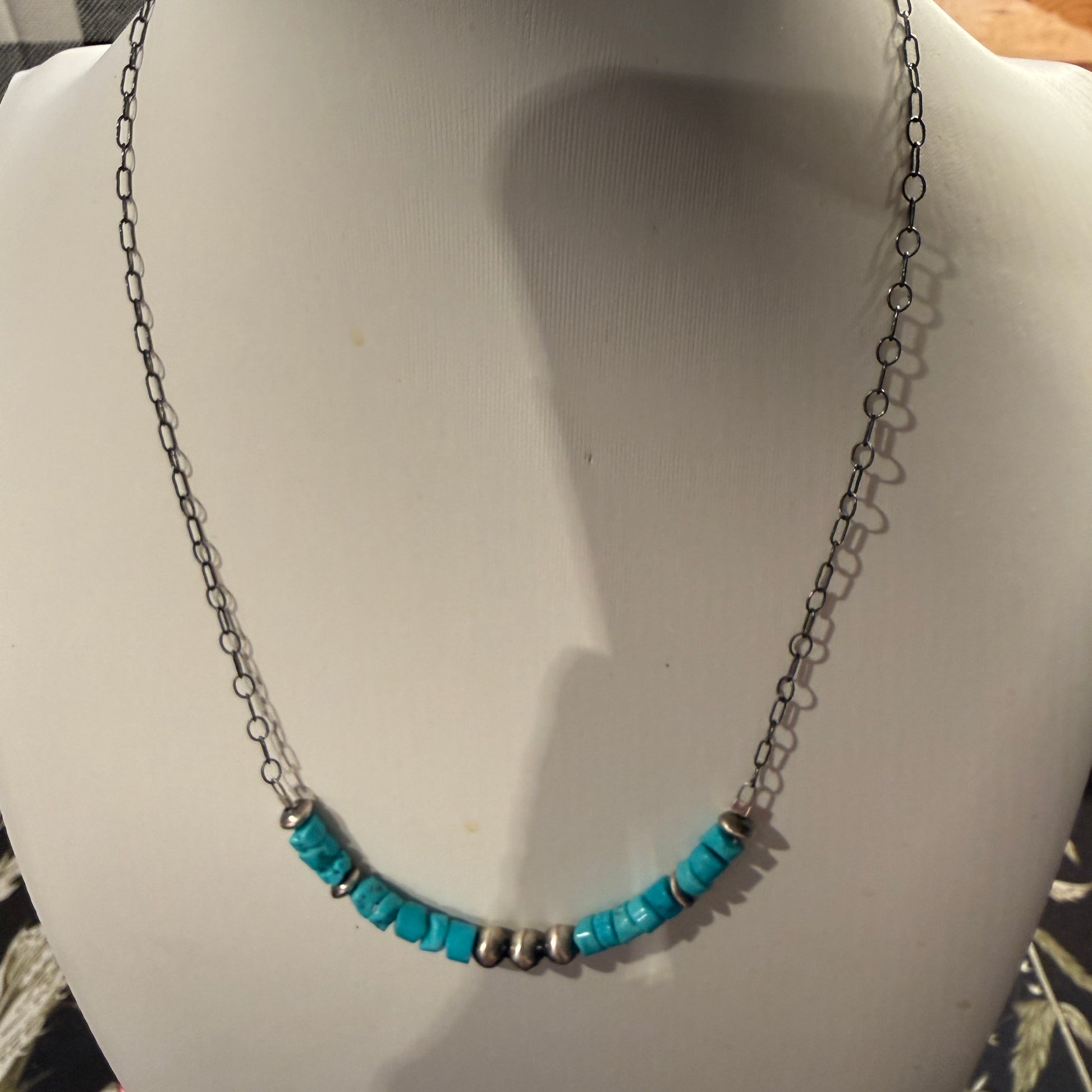 Kingman Turquoise and Sterling Silver Desert Pearls Necklace, 16 Inches Wild West Boho