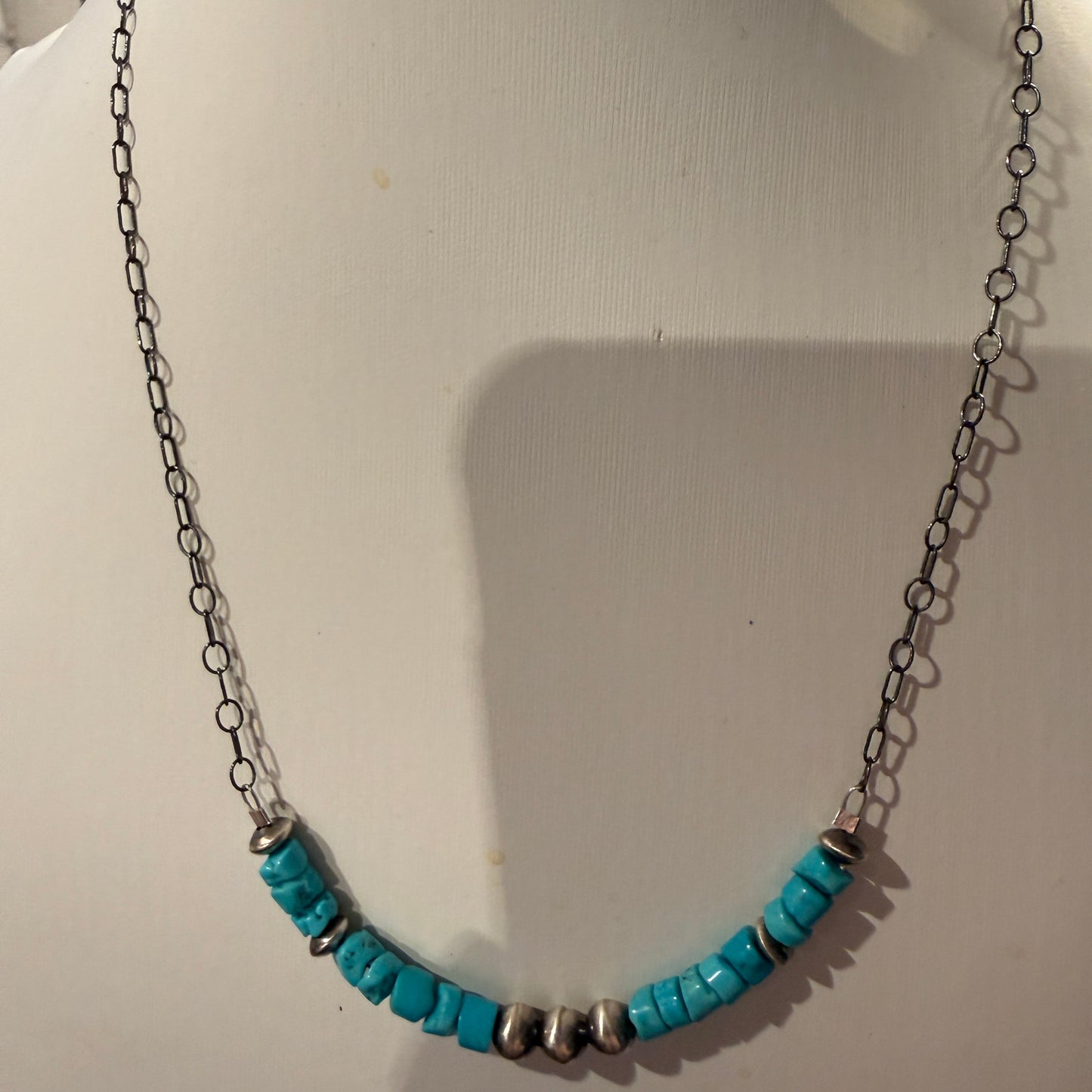Kingman Turquoise and Sterling Silver Desert Pearls Necklace, 16 Inches Wild West Boho